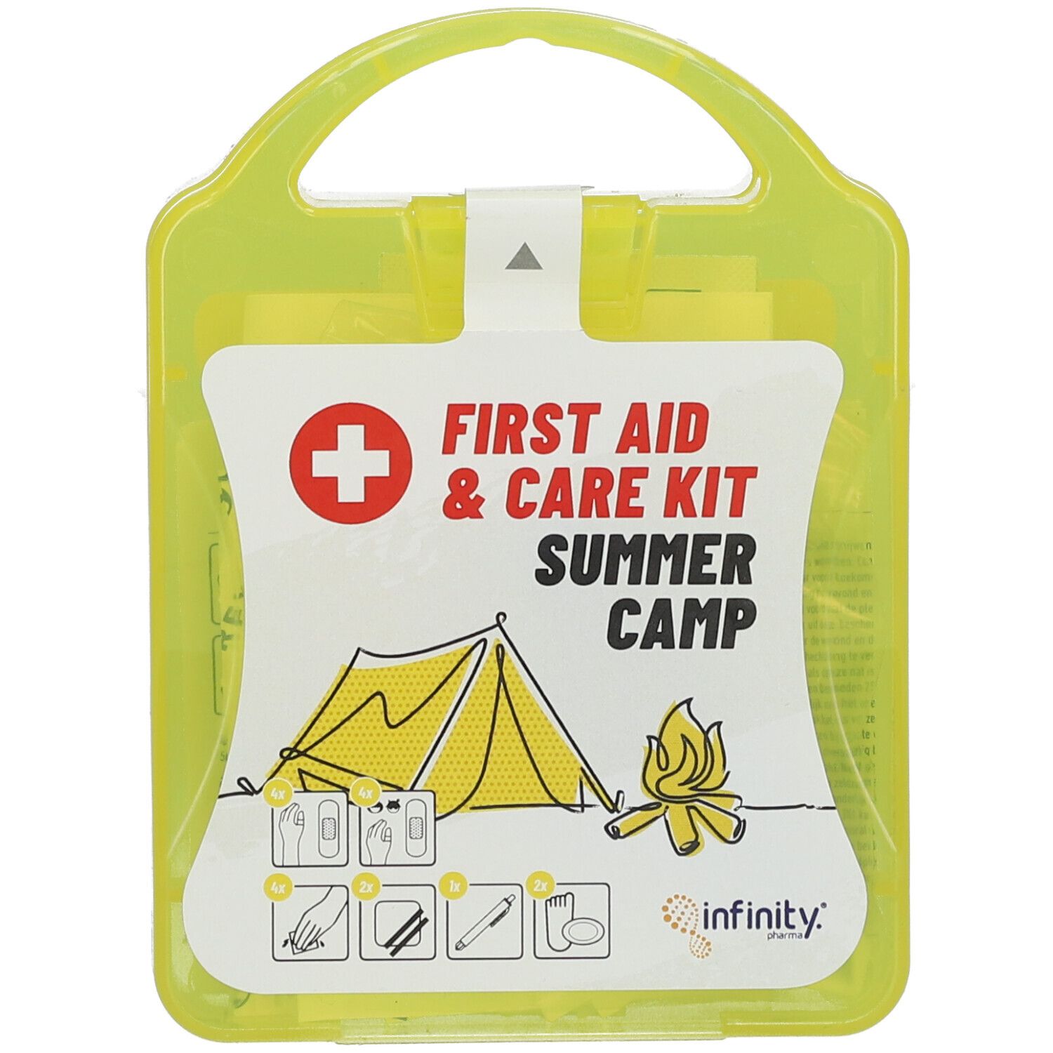 Trousse de premiers secours jaune. Boîte rectangulaire avec poignée. Croix rouge, tente et texte 'First Aid & Care Kit Summer Camp'.