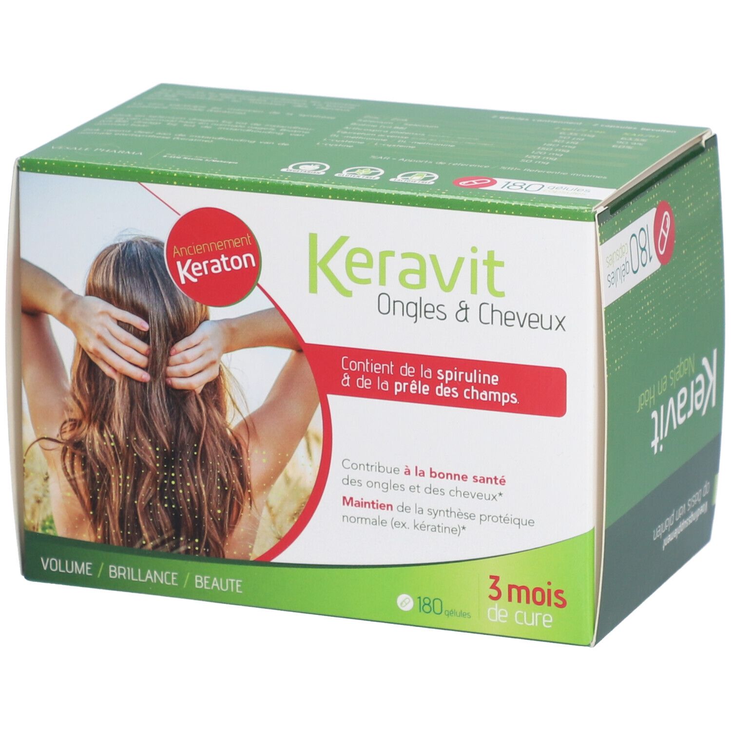 Boîte Keravit Ongles & Cheveux. Contient spiruline. 180 gélules. Cure 3 mois. Inscription: Volume, Brillance, Beauté.