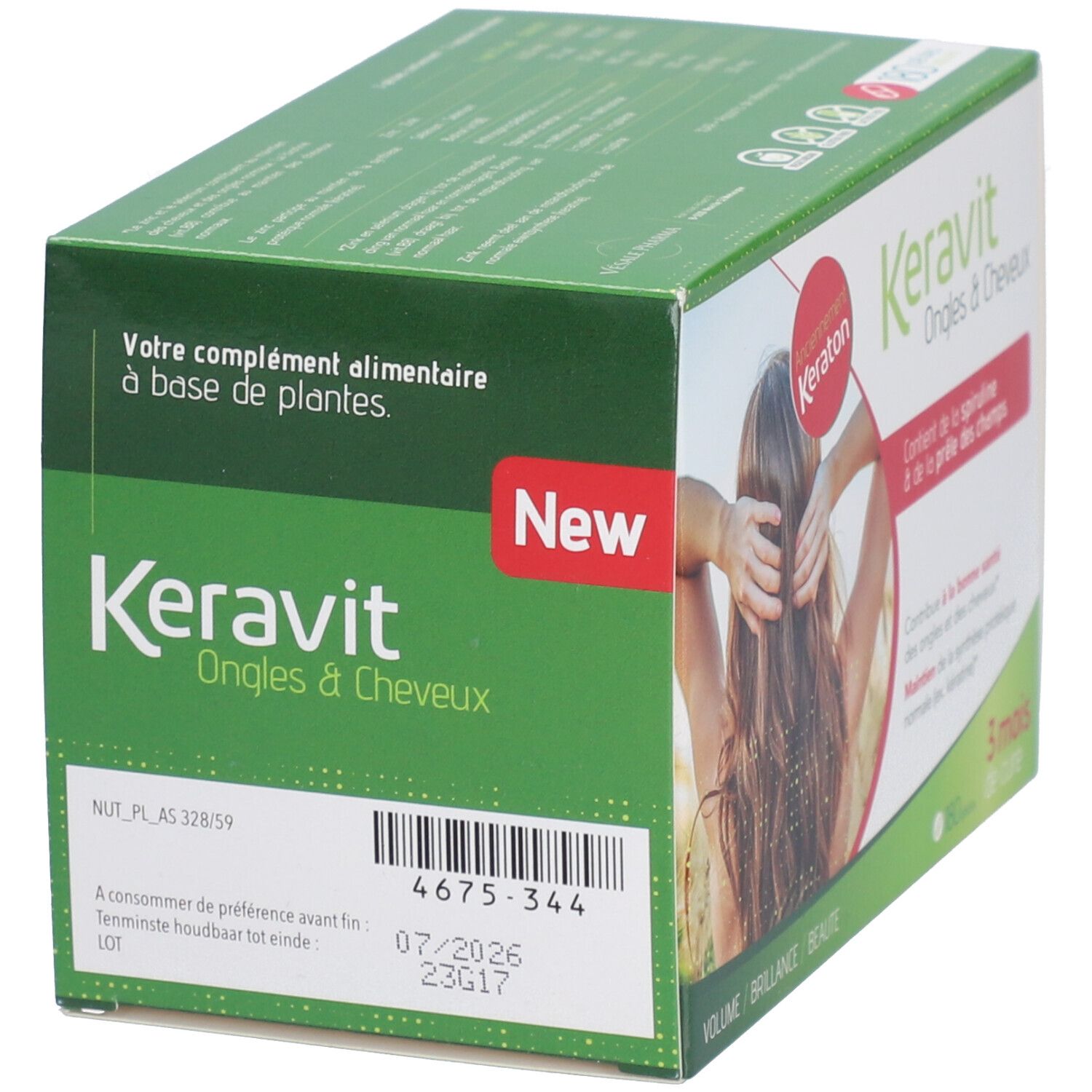 Boîte Keravit Ongles & Cheveux. Contient spiruline. Cure 3 mois. Étiquette 'New'. Inscription: Complément alimentaire.