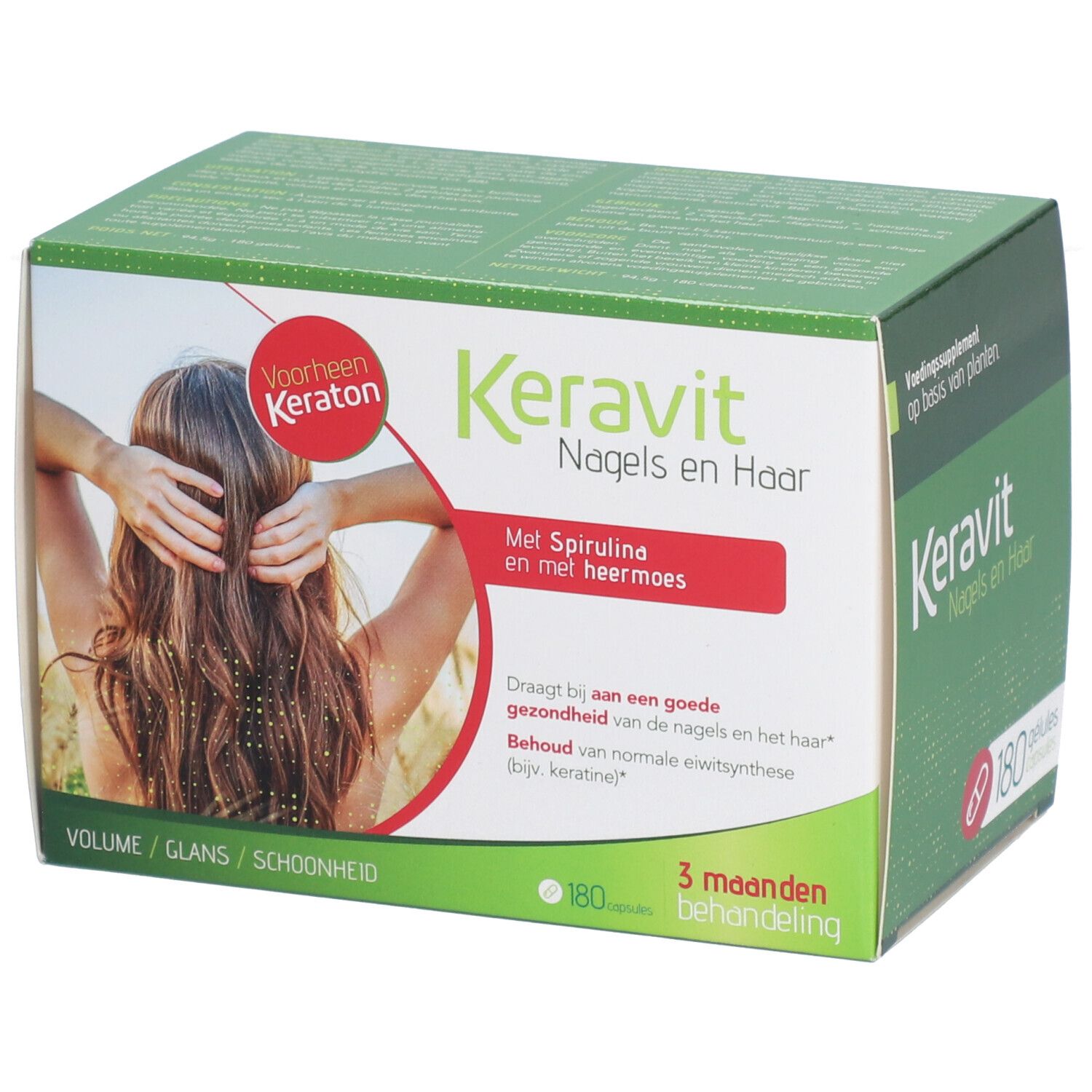 Boîte Keravit Ongles & Cheveux. Contient spiruline. Cure 3 mois. Inscription: Voorheen Keraton.