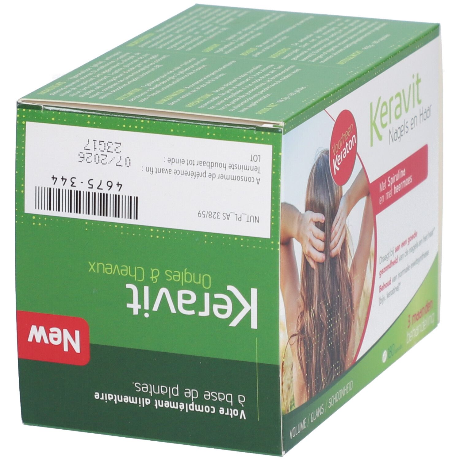 Boîte Keravit Ongles & Cheveux. Contient spiruline. Cure 3 mois. Étiquette 'New'.