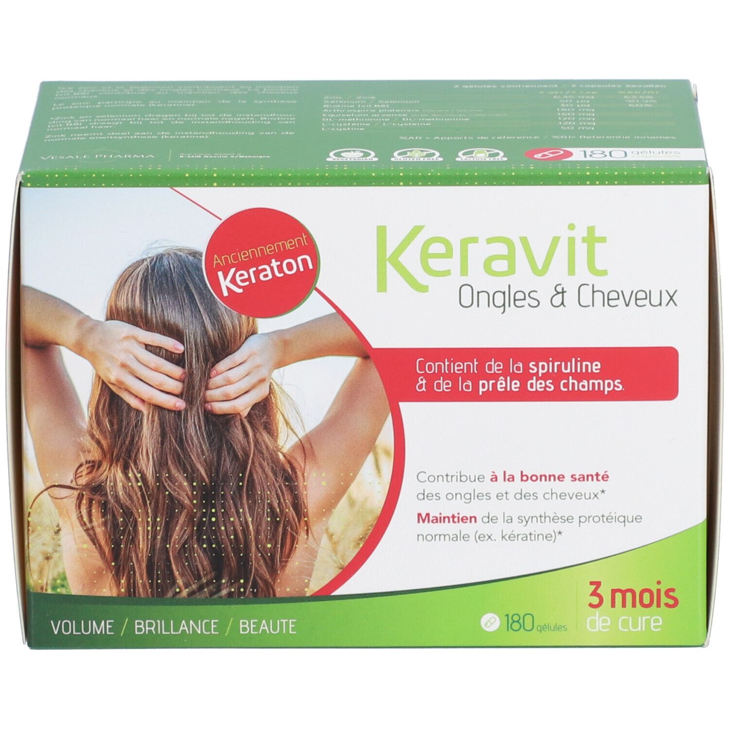 Boîte Keravit Ongles & Cheveux. Contient spiruline. Cure 3 mois. Inscription: Anciennement Keraton.