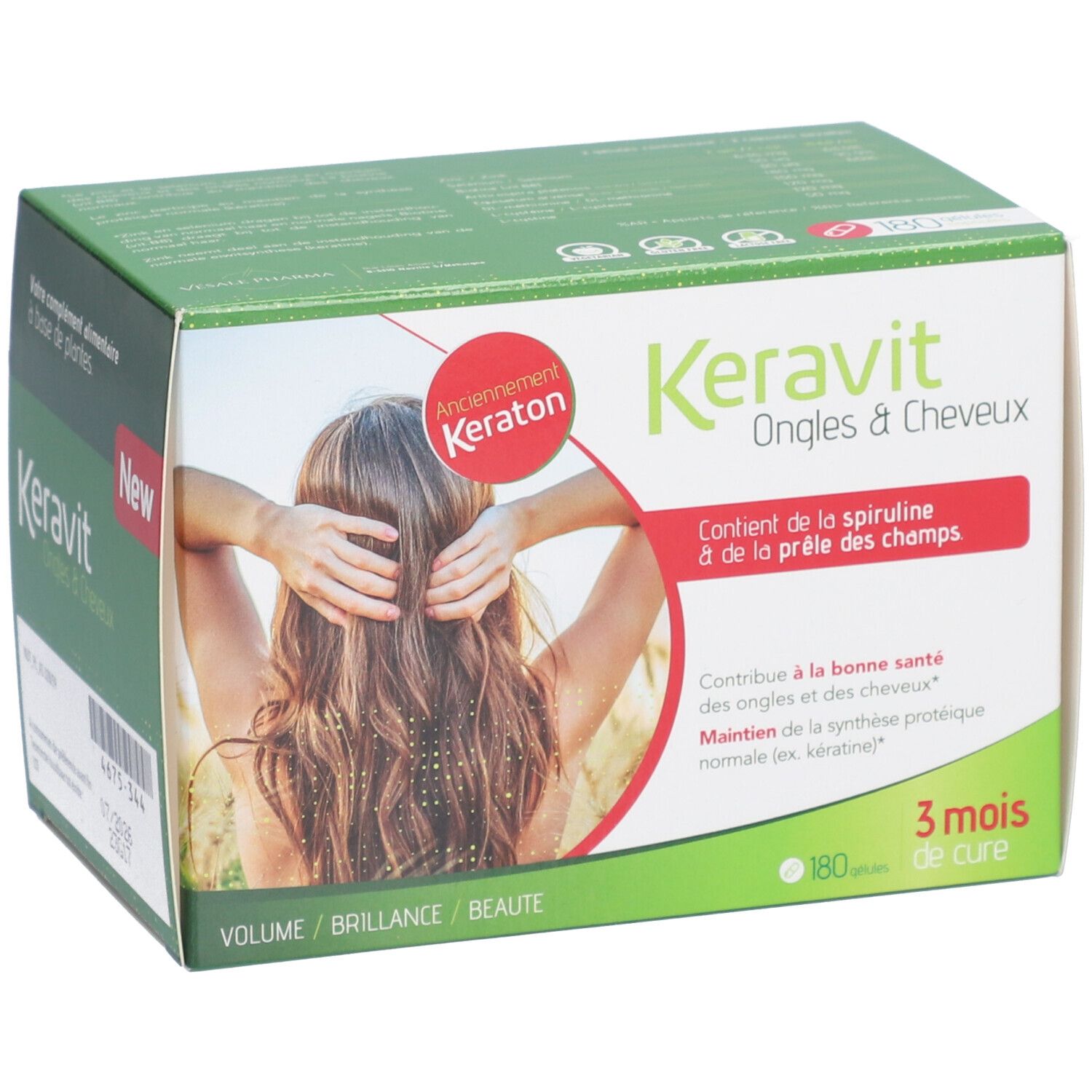Boîte Keravit Ongles & Cheveux. Contient spiruline. Cure 3 mois. Inscription: Anciennement Keraton et New.