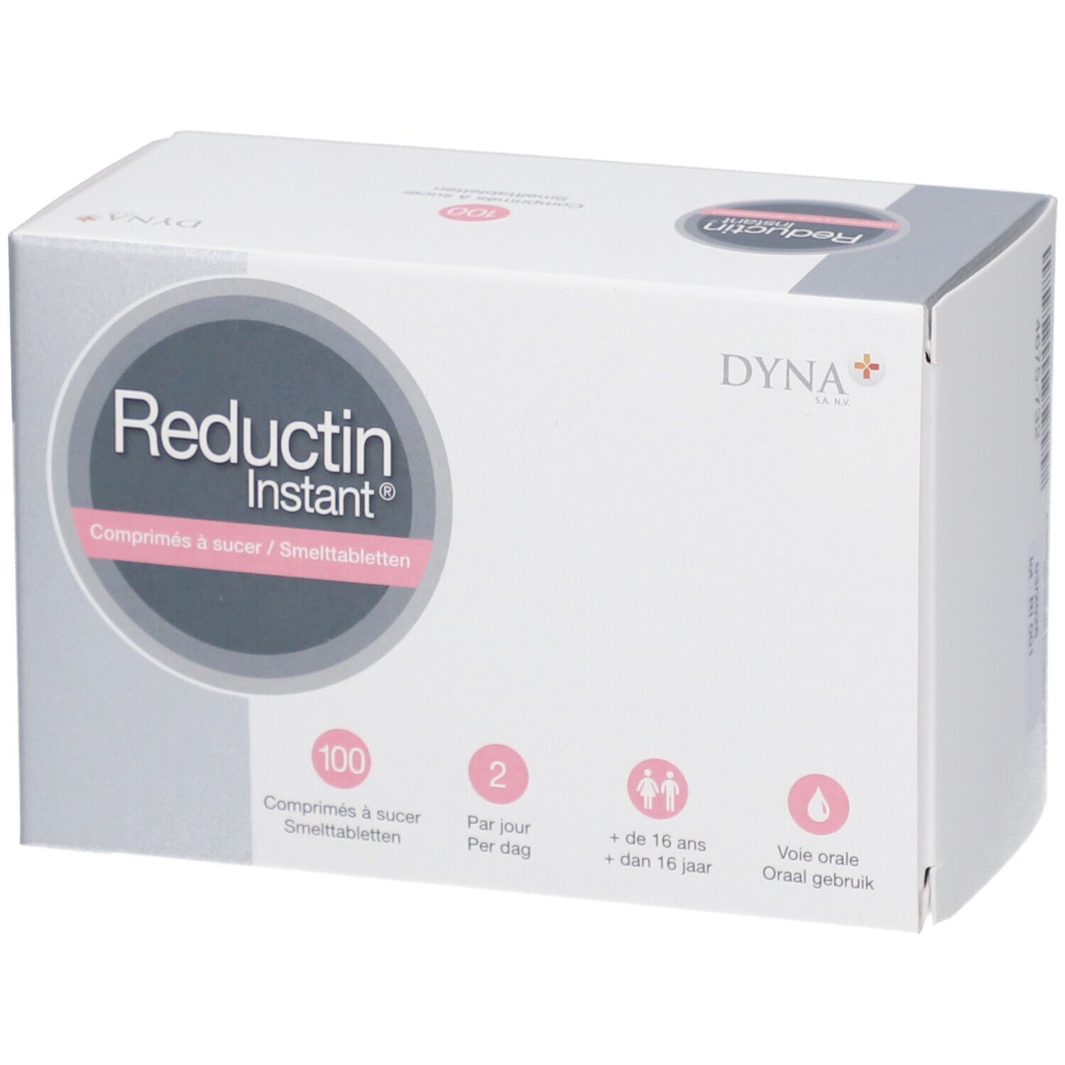 Boîte blanche "Reductin Instant". Contient 100 comprimés. Informations sur la posologie et l'âge.