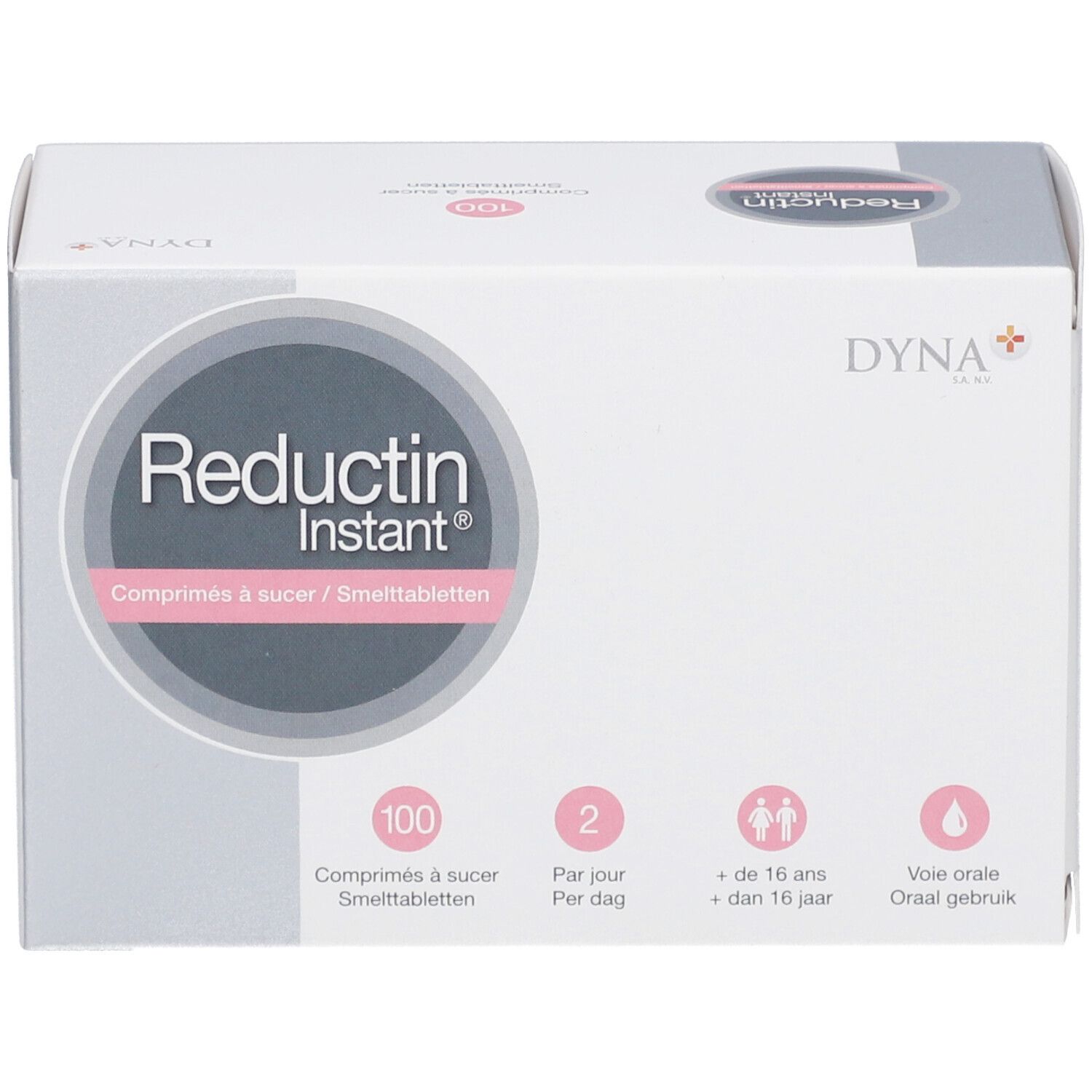 Boîte blanche "Reductin Instant". Contient 100 comprimés. Informations sur la posologie et l'âge.