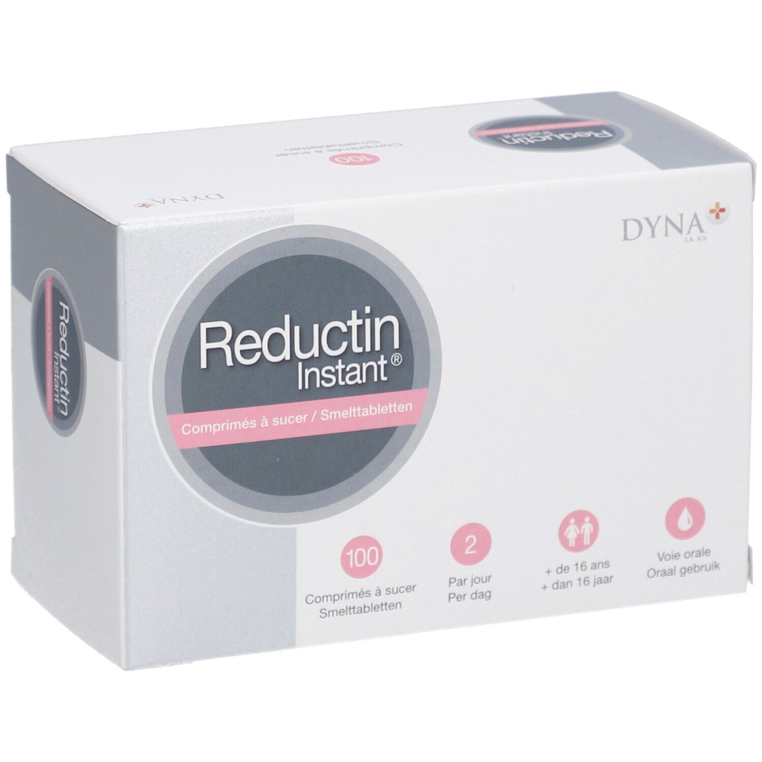 Boîte blanche "Reductin Instant". Contient 100 comprimés. Informations sur la posologie et l'âge.