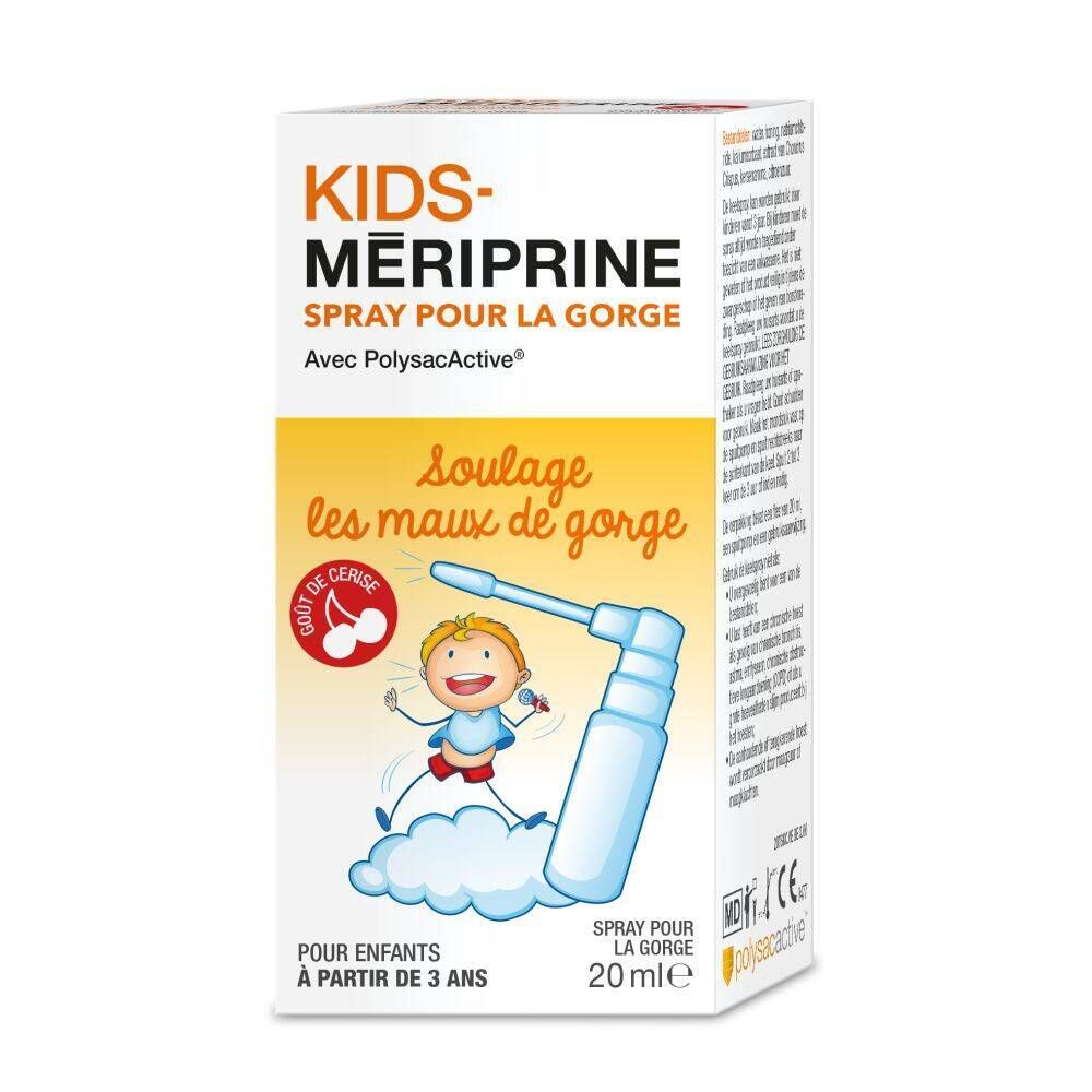 Emballage avec flacon et pulvérisateur. Inscription : KIDS-MERIPRINE, Spray pour la gorge. Illustration d'un enfant.