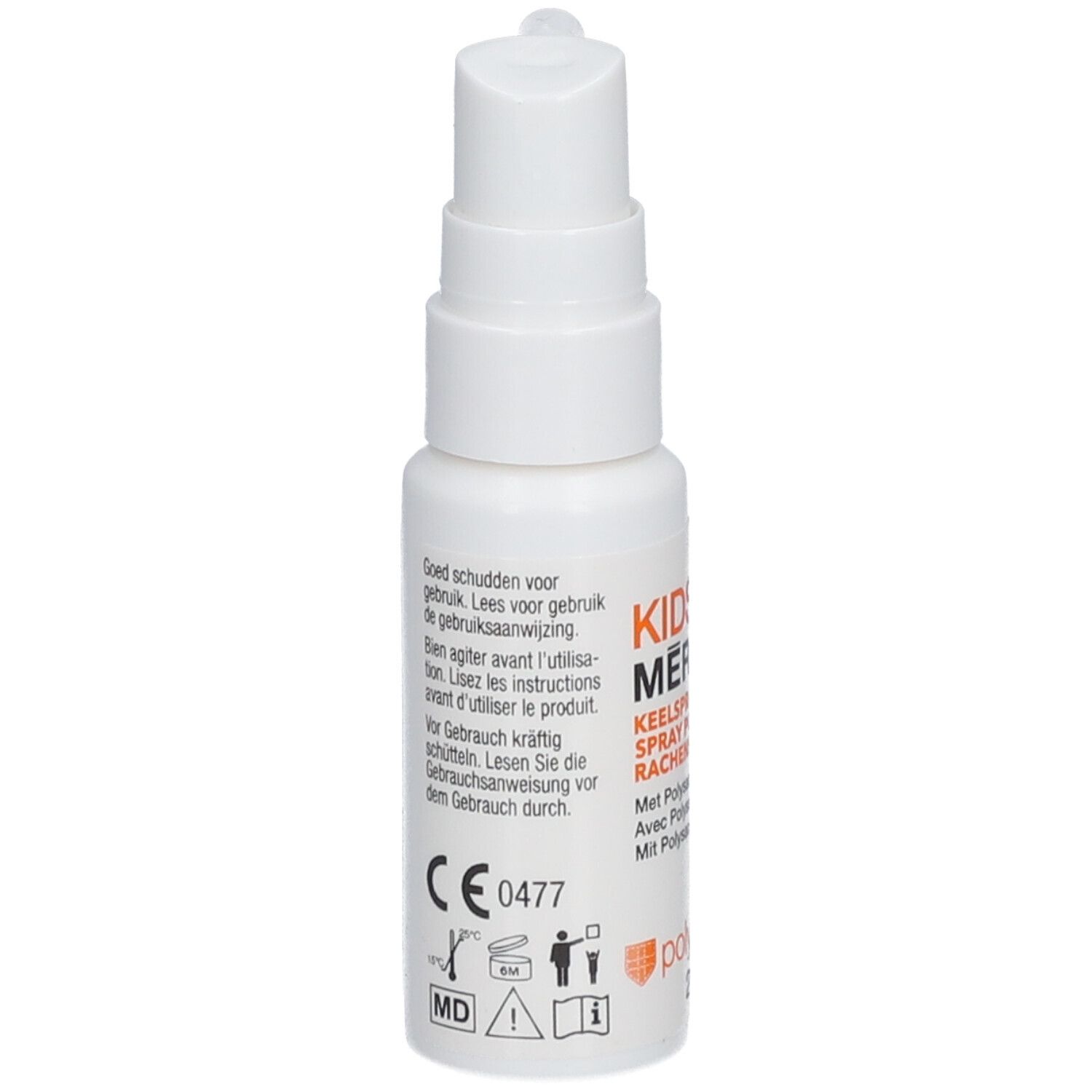 Flacon blanc avec pulvérisateur. Inscription : KIDS-MERIPRINE, Spray pour la gorge. Marquage CE.