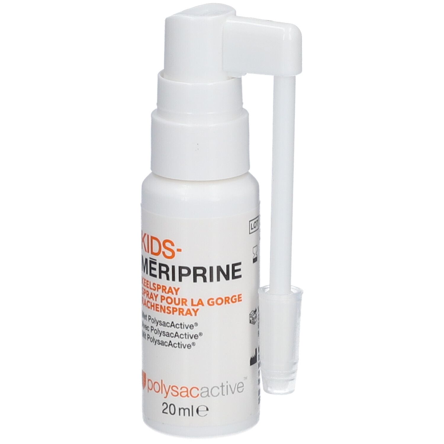 Flacon blanc avec pulvérisateur et applicateur. Inscription : KIDS-MERIPRINE, Spray pour la gorge. 20 ml.