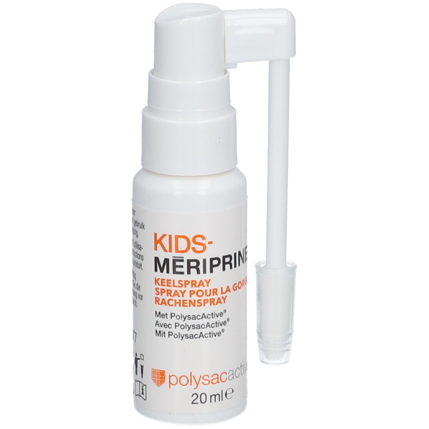 Flacon blanc avec pulvérisateur et applicateur. Inscription : KIDS-MERIPRINE, Spray pour la gorge. 20 ml.