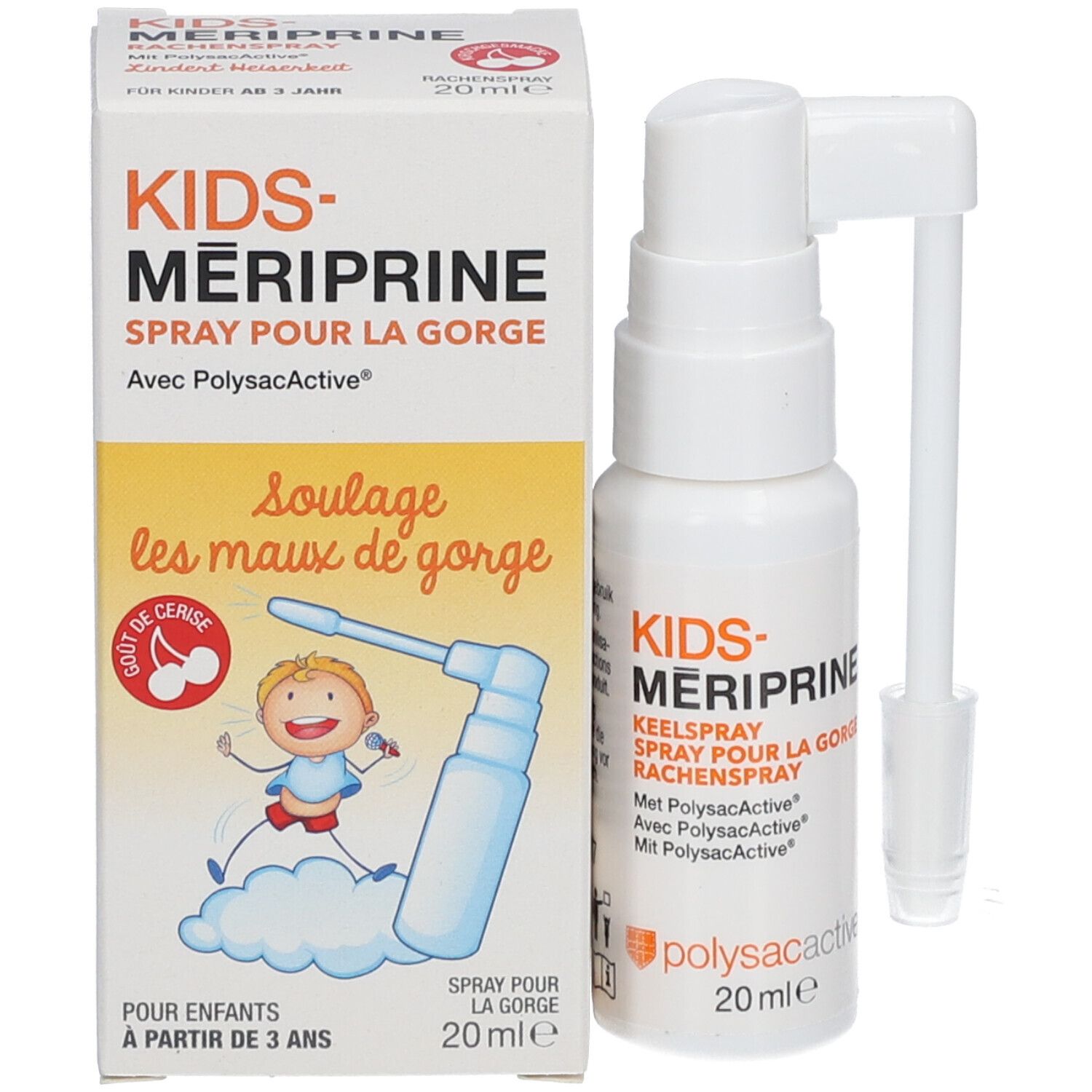 Emballage avec flacon et pulvérisateur. Inscription : KIDS-MERIPRINE, Spray pour la gorge. Illustration d'un enfant.
