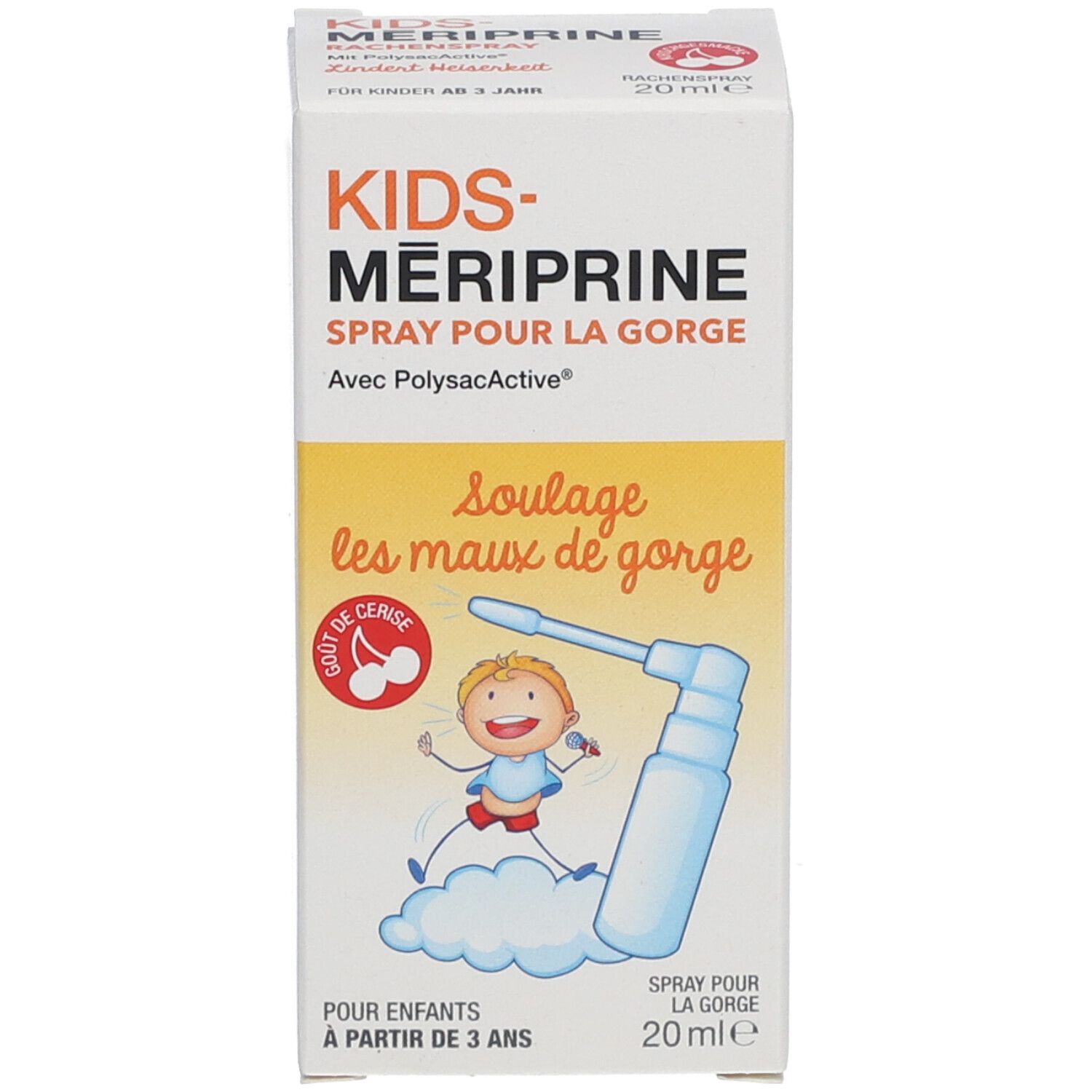 Emballage avec flacon et pulvérisateur. Inscription : KIDS-MERIPRINE, Spray pour la gorge. Illustration d'un enfant.