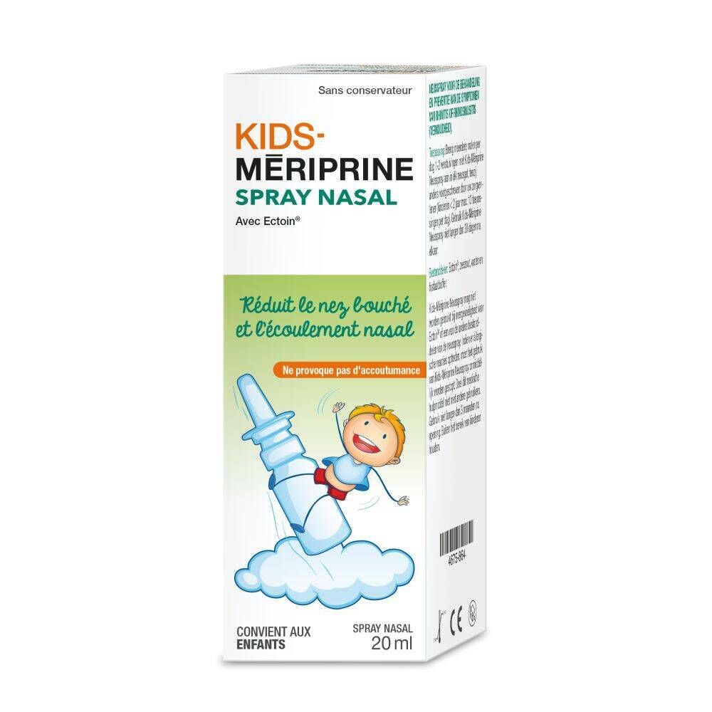 Emballage avec flacon de spray nasal. Inscription : KIDS-MERIPRINE, SPRAY NASAL. Illustration d'un enfant utilisant un spray nasal.