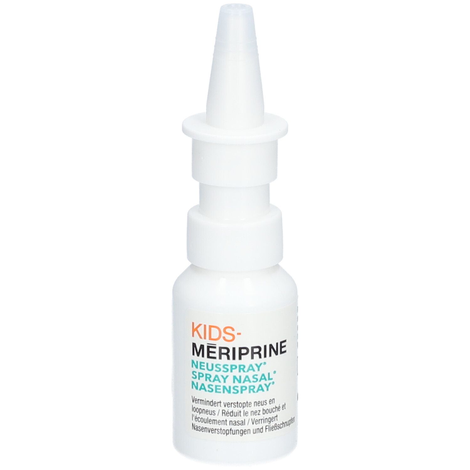 Flacon de spray nasal blanc avec embout. Inscription : KIDS-MERIPRINE, SPRAY NASAL. 