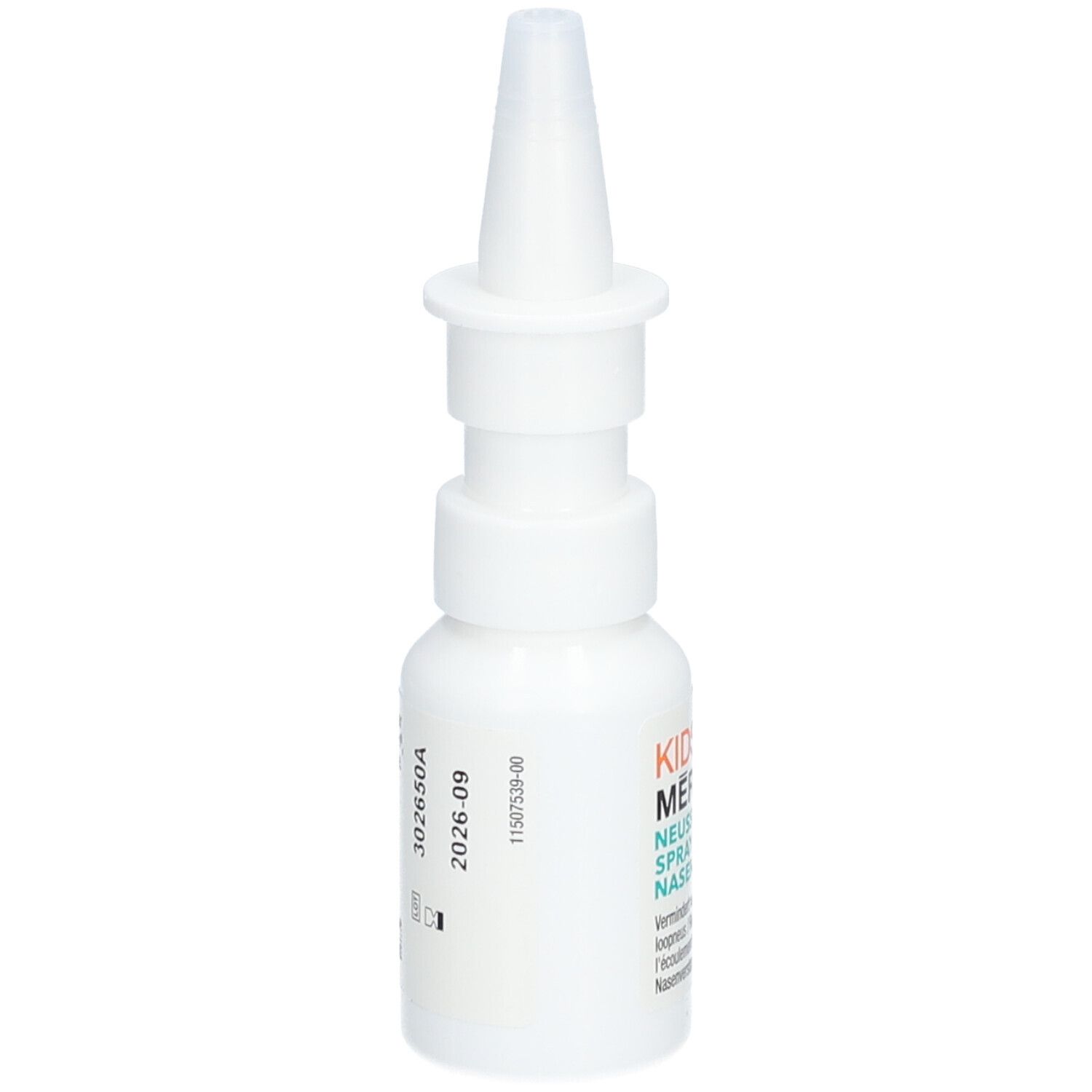Flacon de spray nasal blanc avec embout. Inscription : KIDS-MERIPRINE, SPRAY NASAL. 