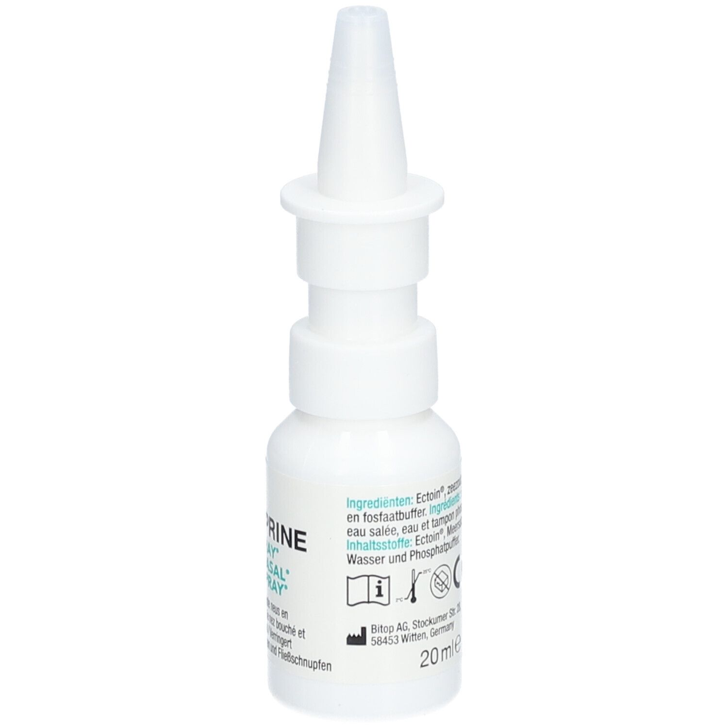 Flacon de spray nasal blanc avec embout. Inscription : KIDS-MERIPRINE, SPRAY NASAL. 