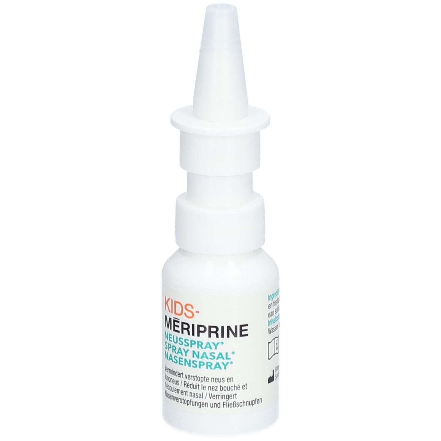 Flacon de spray nasal blanc avec embout. Inscription : KIDS-MERIPRINE, SPRAY NASAL. 