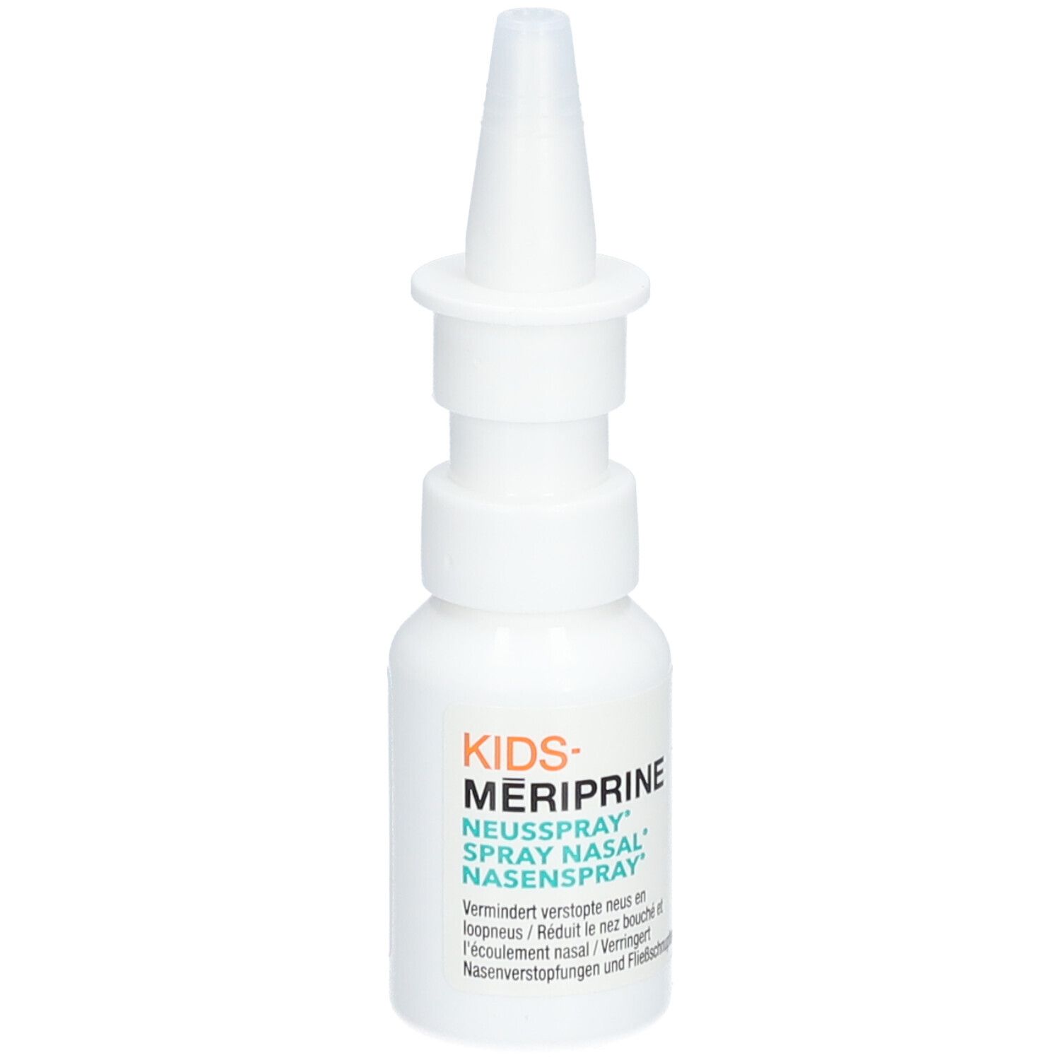 Flacon de spray nasal blanc avec embout. Inscription : KIDS-MERIPRINE, SPRAY NASAL. 