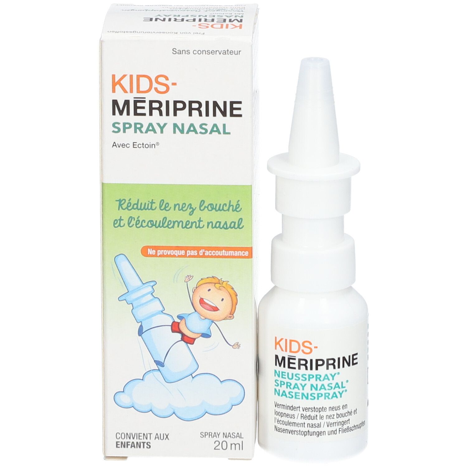 Flacon de spray nasal et emballage. Inscription : KIDS-MERIPRINE, SPRAY NASAL. Illustration d'un enfant utilisant un spray nasal.