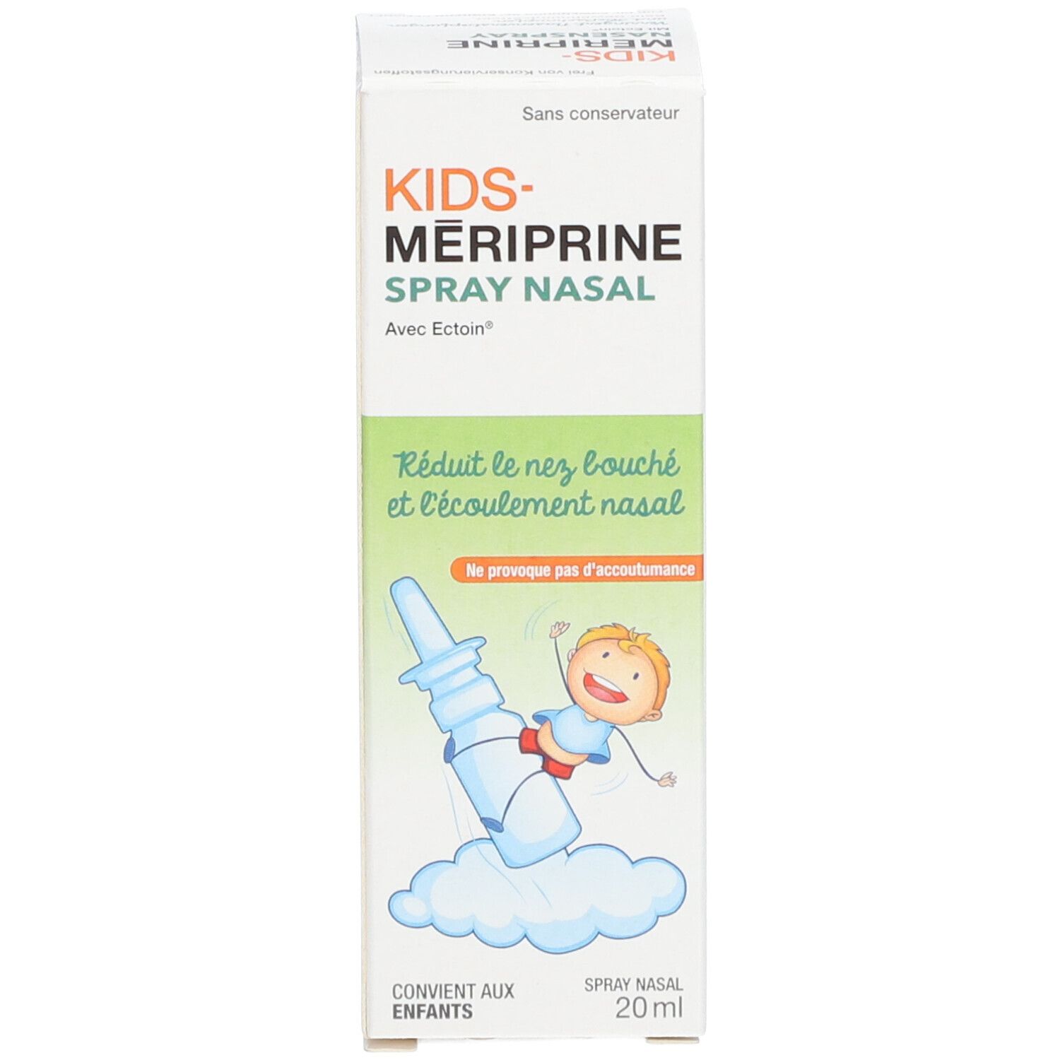 Emballage avec flacon de spray nasal. Inscription : KIDS-MERIPRINE, SPRAY NASAL. Illustration d'un enfant utilisant un spray nasal.