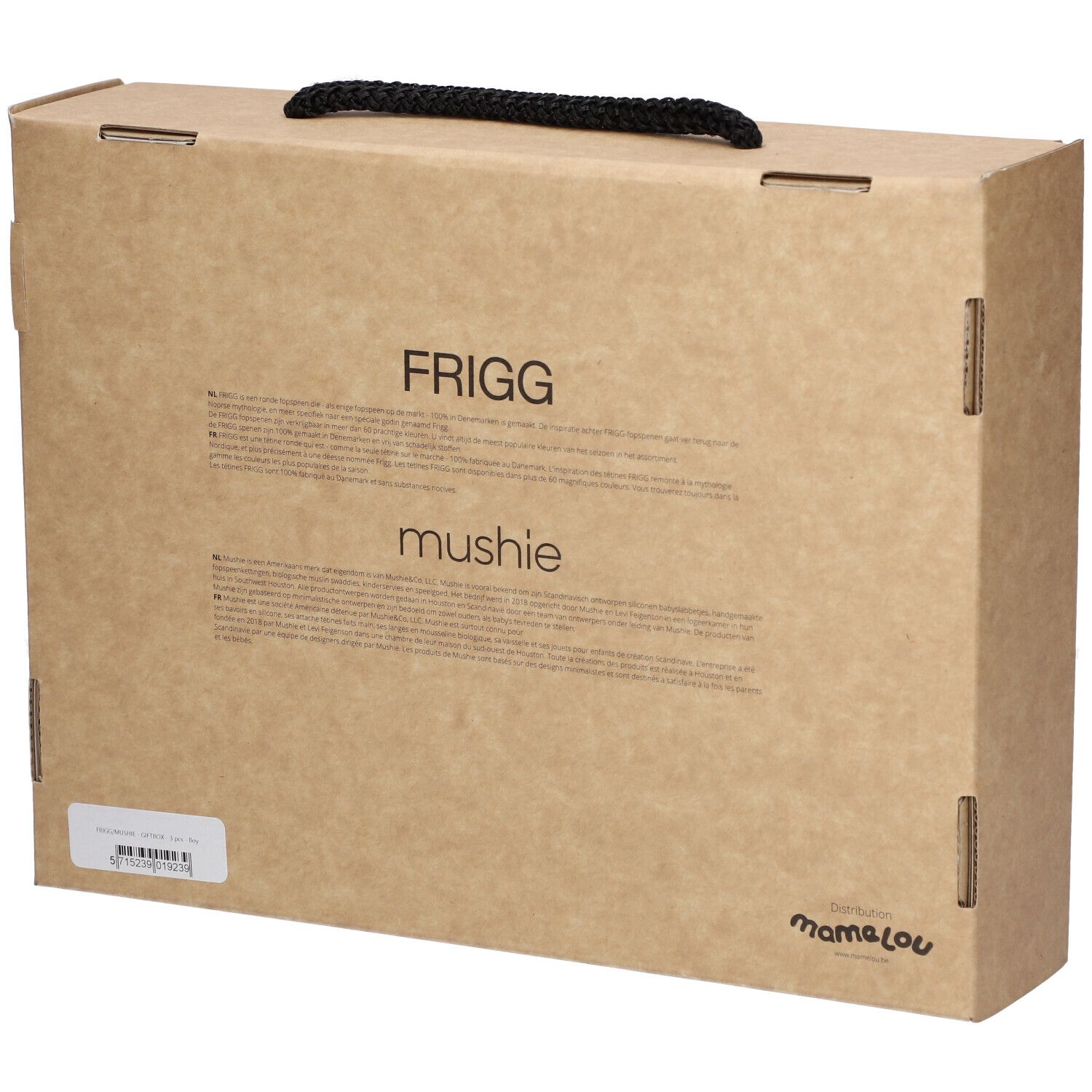 Dos du coffret cadeau. Boîte marron avec texte et logo. Contient des informations et logos de marque. Poignée noire.