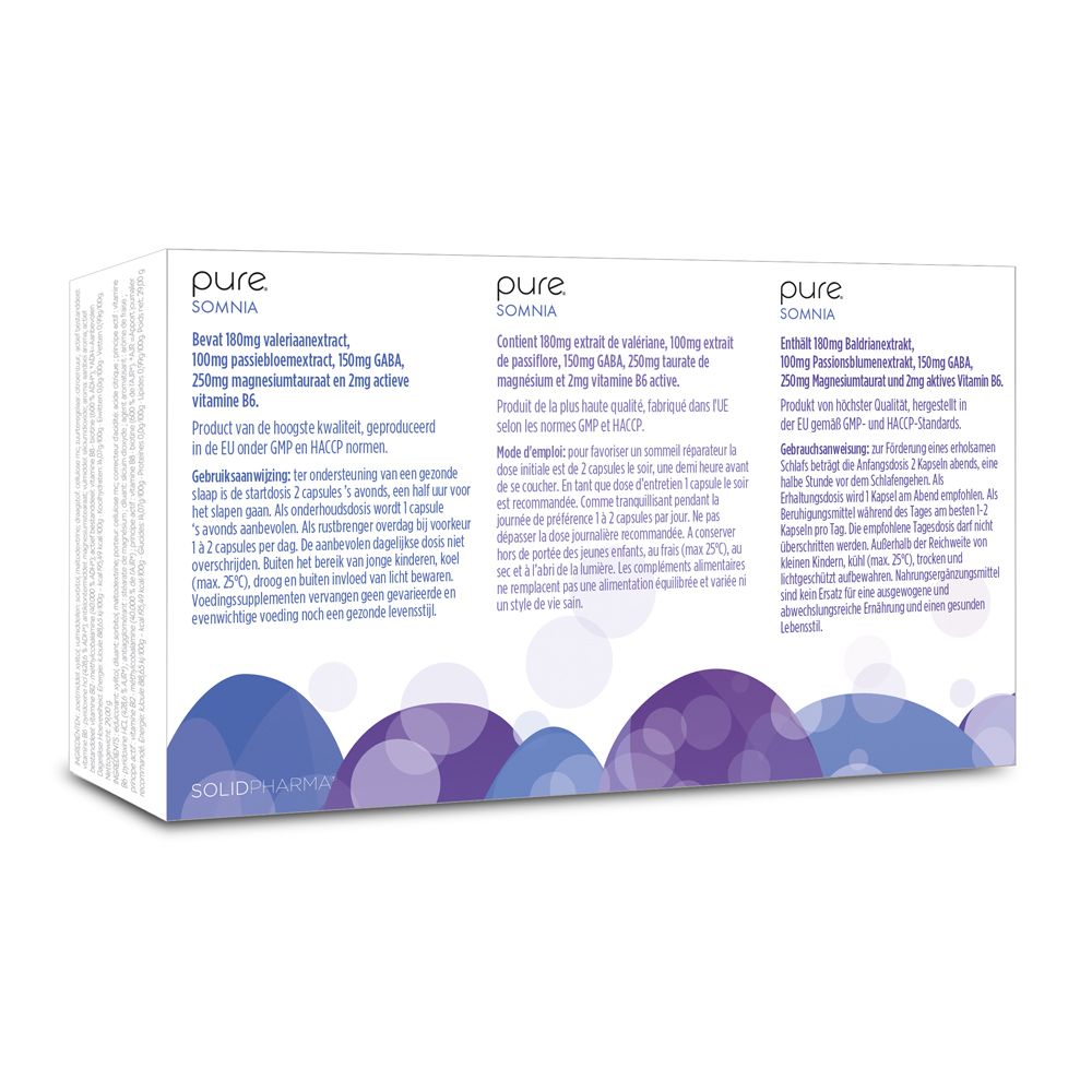 Dos de la boîte "pure Somnia". Texte multilingue. Éléments bleus et violets.