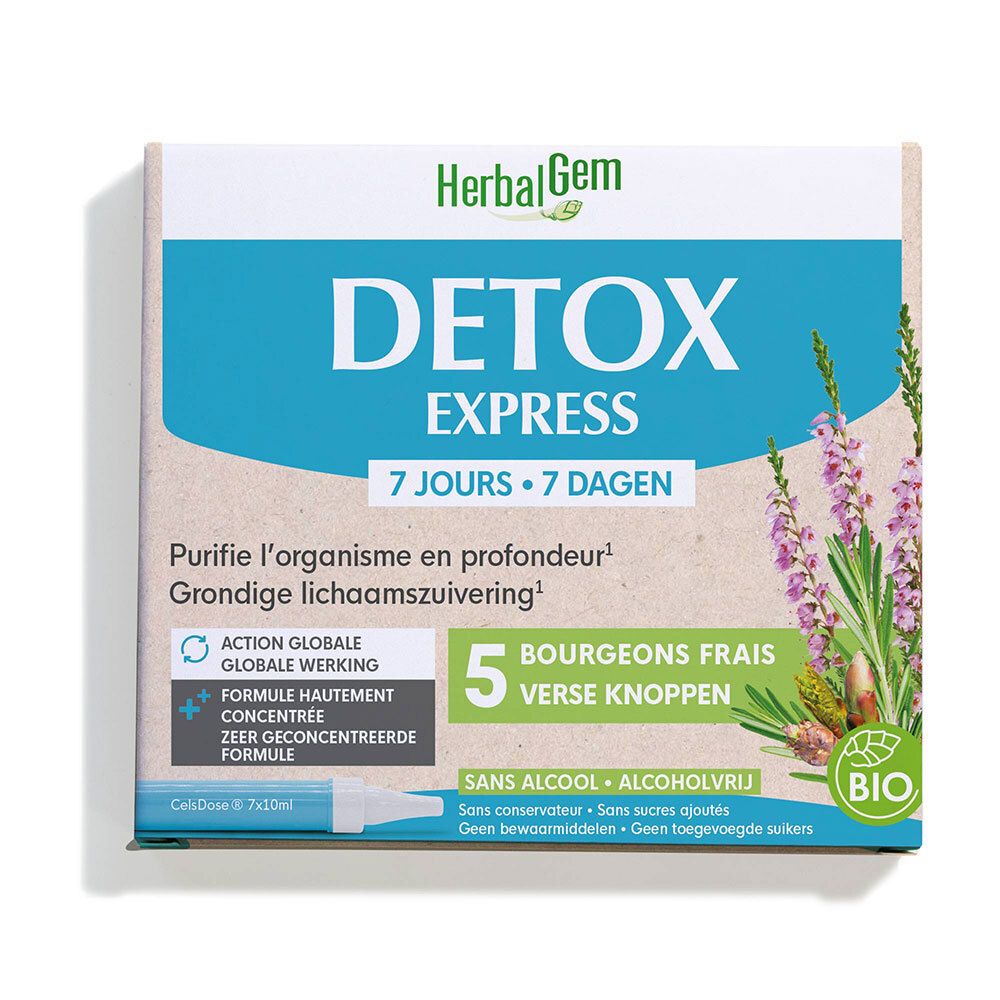 HERBALGEM - Detox Express 7 Jours - Purifie L'Organisme En Profondeur - Complément Alimentaire Gemmothérapie - Formule Hautement Concentrée - Action Globale - 5 Bourgeons Frais - Bio - 7x10ml