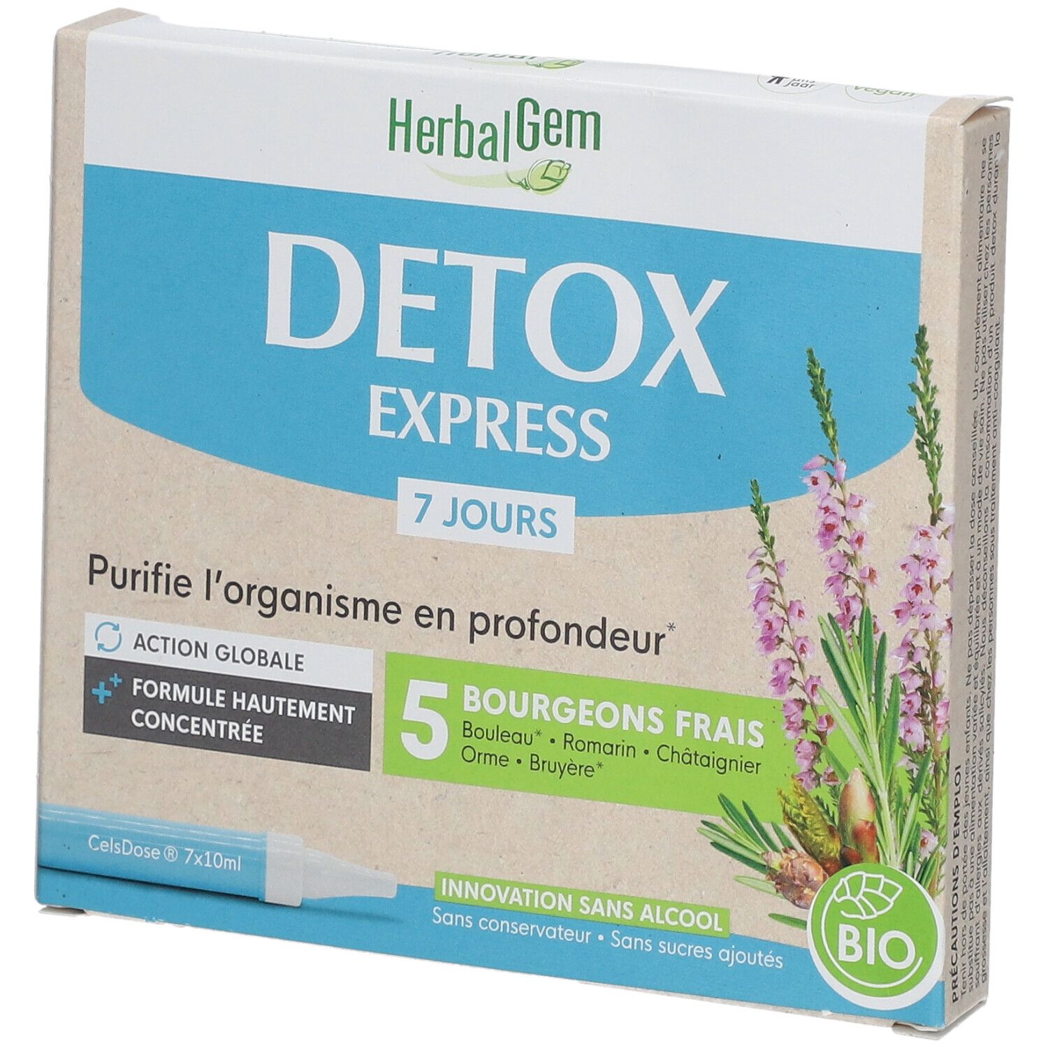 HERBALGEM - Detox Express 7 Jours - Purifie L'Organisme En Profondeur - Complément Alimentaire Gemmothérapie - Formule Hautement Concentrée - Action Globale - 5 Bourgeons Frais - Bio - 7x10ml