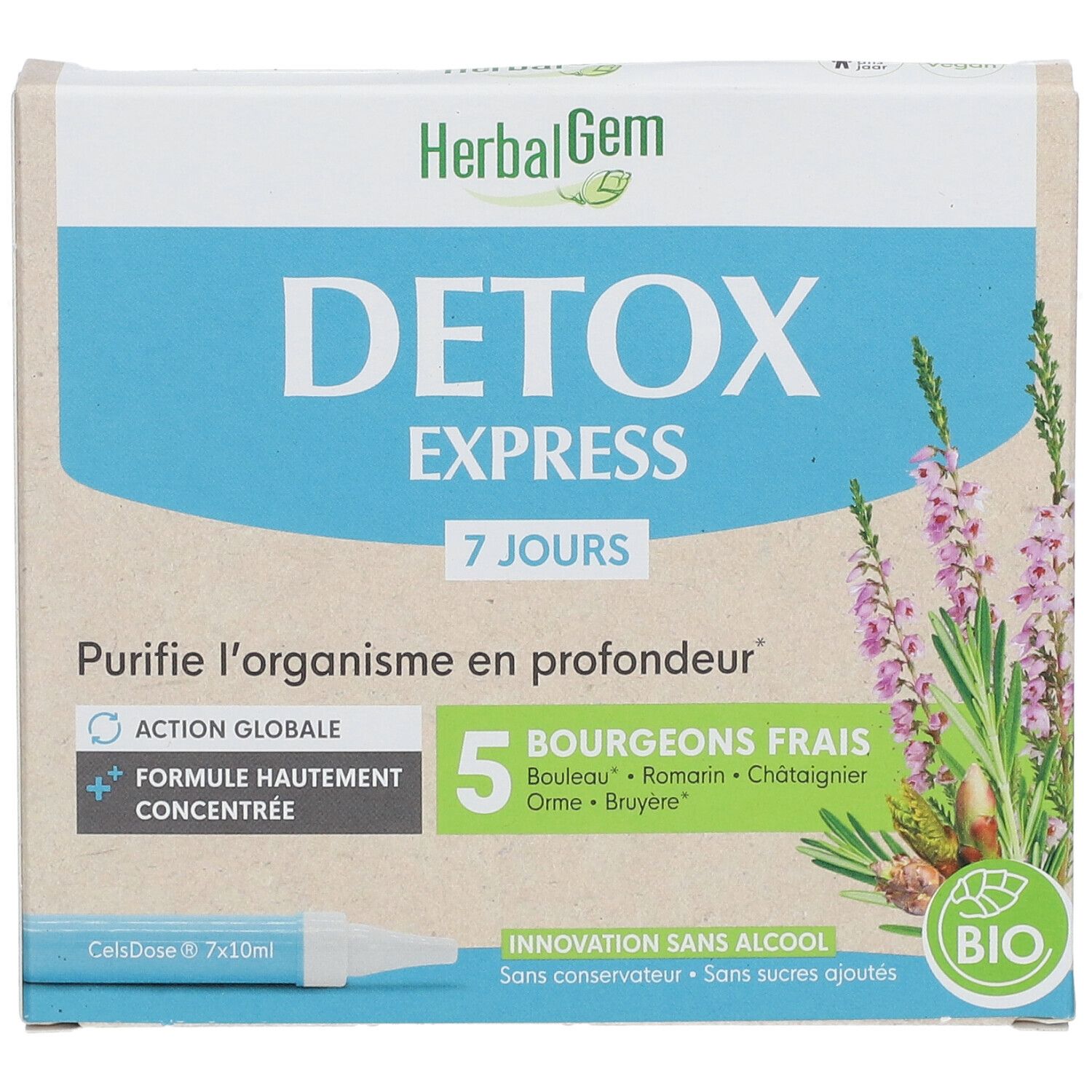 HERBALGEM - Detox Express 7 Jours - Purifie L'Organisme En Profondeur - Complément Alimentaire Gemmothérapie - Formule Hautement Concentrée - Action Globale - 5 Bourgeons Frais - Bio - 7x10ml