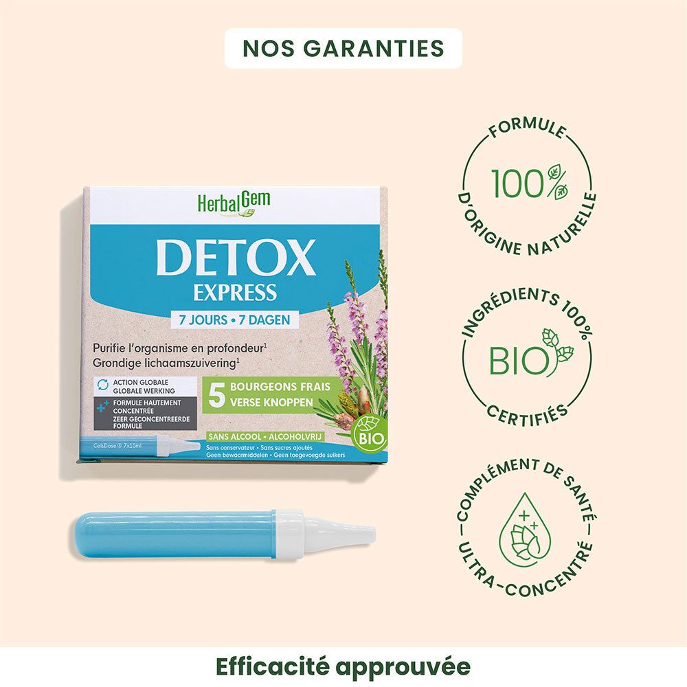 HERBALGEM - Detox Express 7 Jours - Purifie L'Organisme En Profondeur - Complément Alimentaire Gemmothérapie - Formule Hautement Concentrée - Action Globale - 5 Bourgeons Frais - Bio - 7x10ml