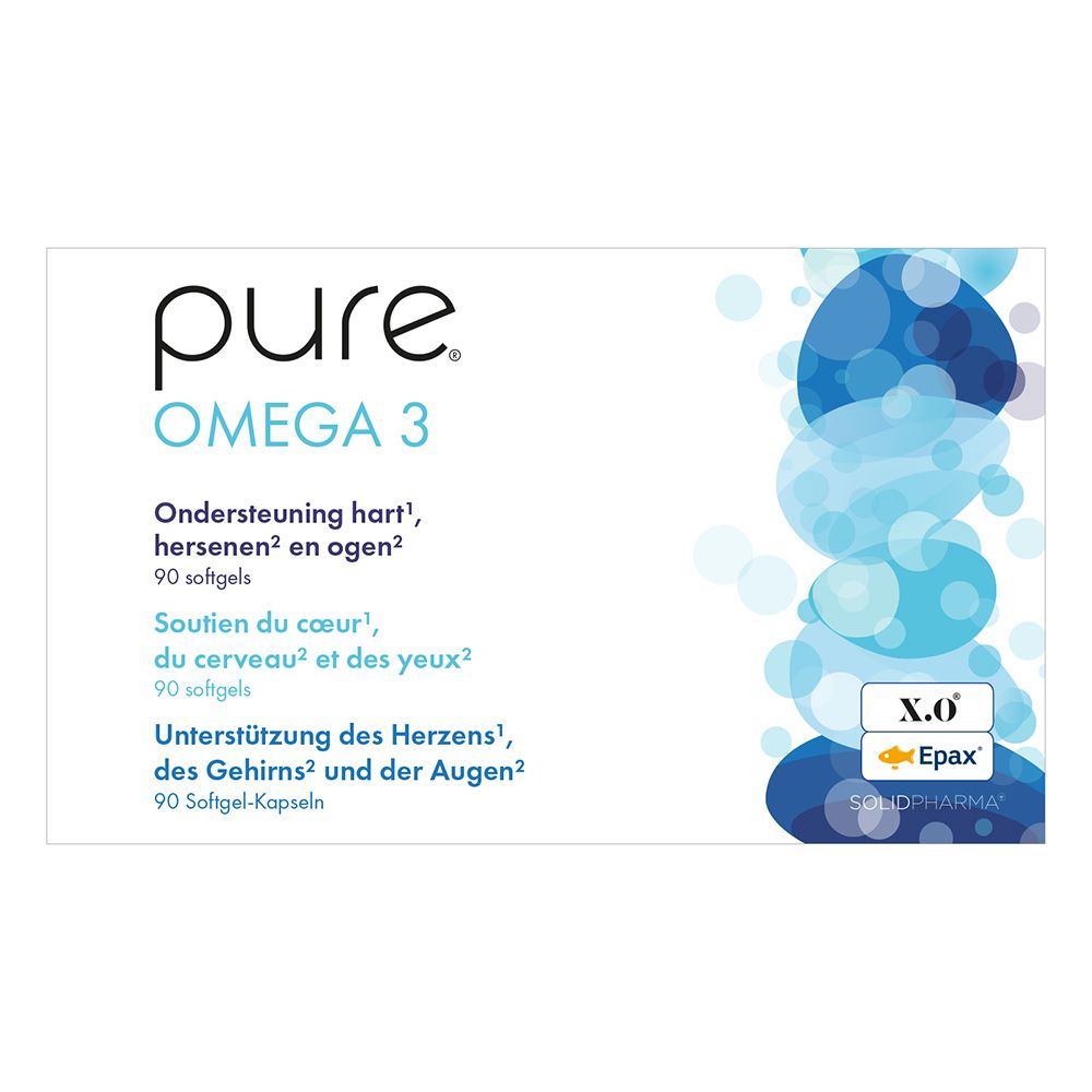 Boîte blanche avec logo "pure Omega 3". Graphique bleu. Texte: Soutien cœur, cerveau et yeux. 90 gélules.