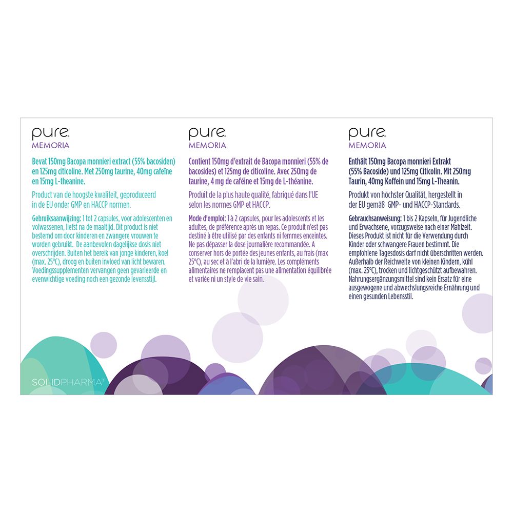 Deux boîtes de gélules. Inscription: pure Memoria. Flèches pointant vers le texte.