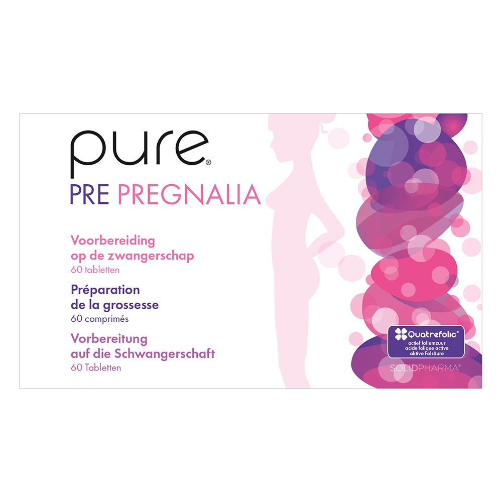 Boîte blanche avec impression du produit. Inscription : pure PRE PREGNALIA. 60 comprimés. Logo : Quatrefolic.