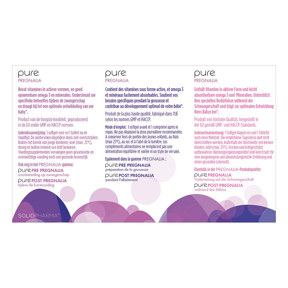 Emballage avec texte et flèches. Contient 11 vitamines, 7 minéraux, bêta-carotène et choline.