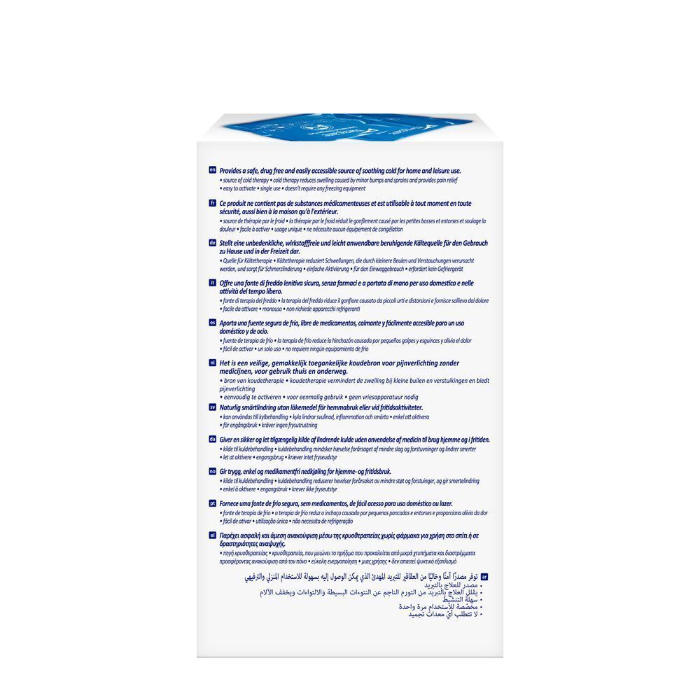 Dos de l'emballage Nexcare Cold Instant Therapy Pack. Texte en plusieurs langues.