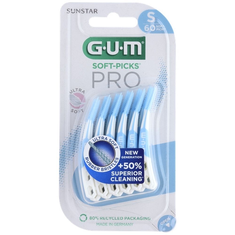 Emballage de GUM Soft-Picks Pro Small. Contient 60 pièces. Pics bleus et blancs dans un blister. Marque SUNSTAR.
