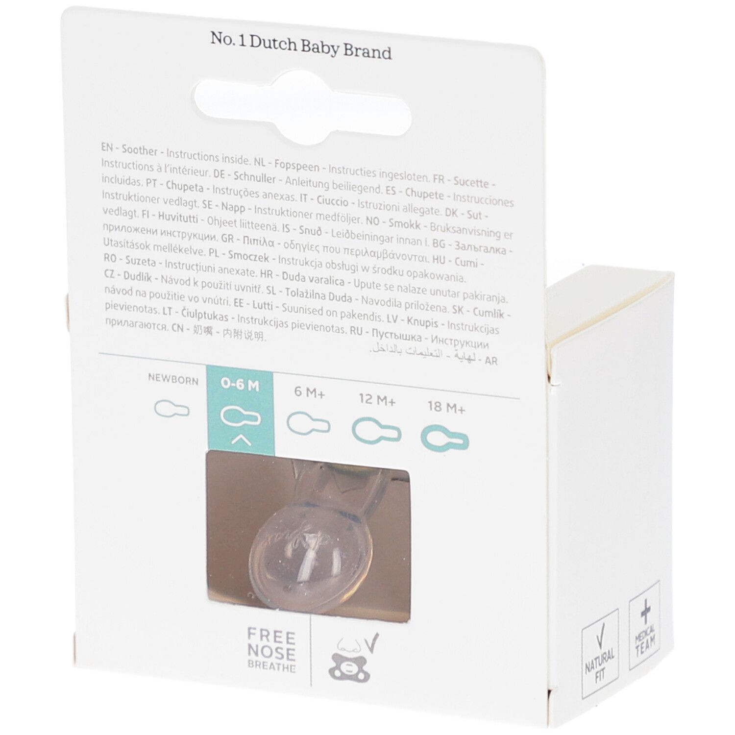 Dos de l'emballage. Informations multilingues. Fenêtre avec sucette. 0-6M.