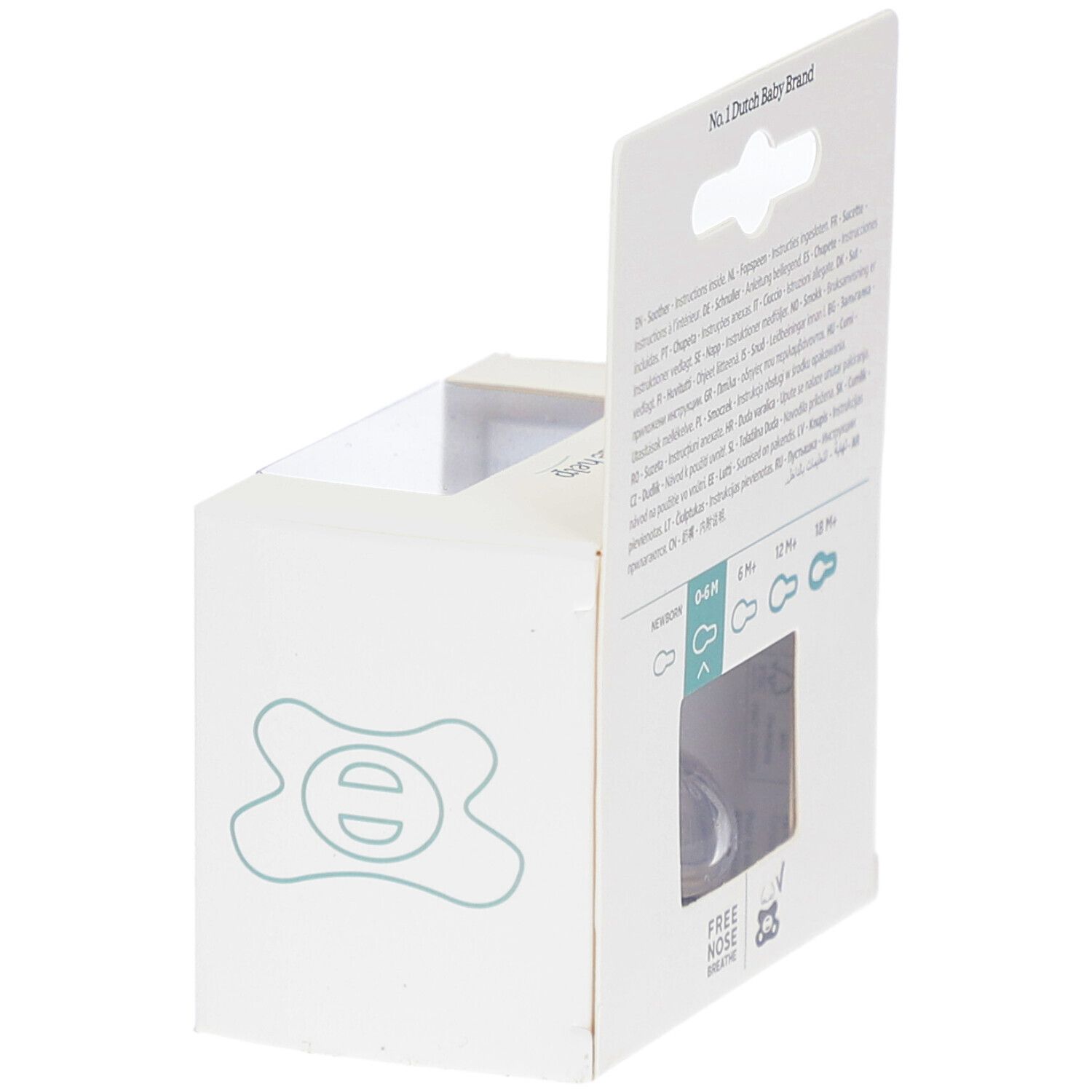 Emballage, dos. Informations multilingues. Fenêtre avec sucette. 0-6M.