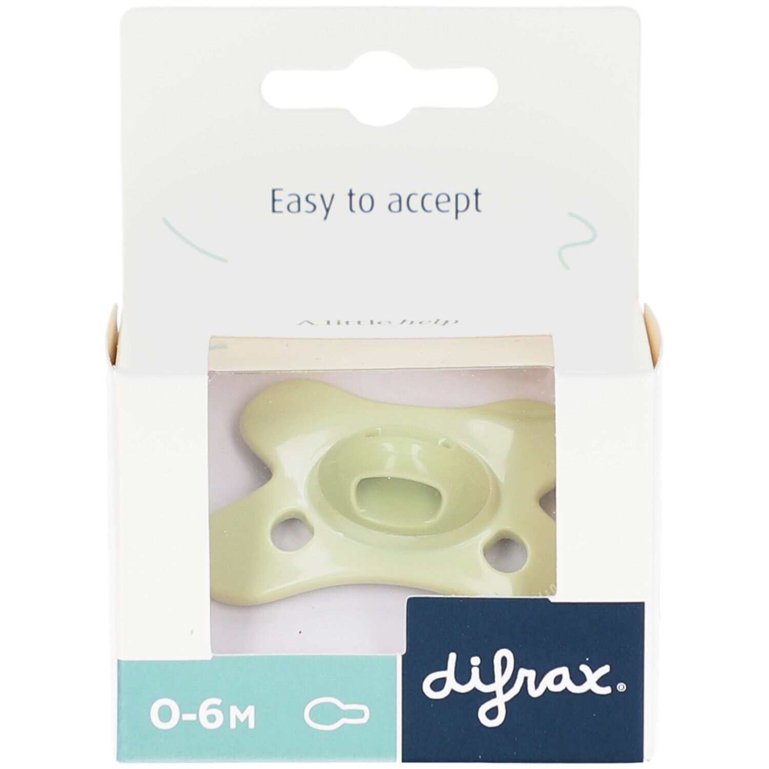 Sucette dans emballage. Couleur vert clair, 0-6M. Marque Difrax. Emballage avec fenêtre.