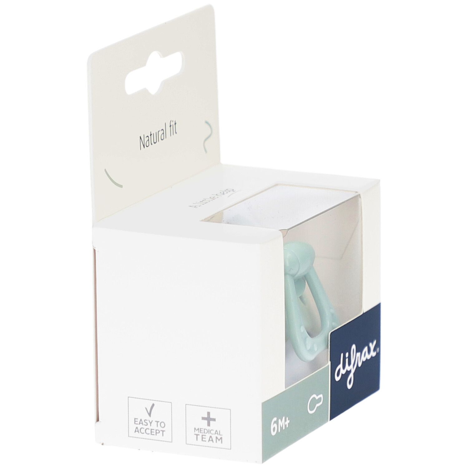 Emballage avec sucette verte. Inscriptions: difrax, 6M+, Natural fit.