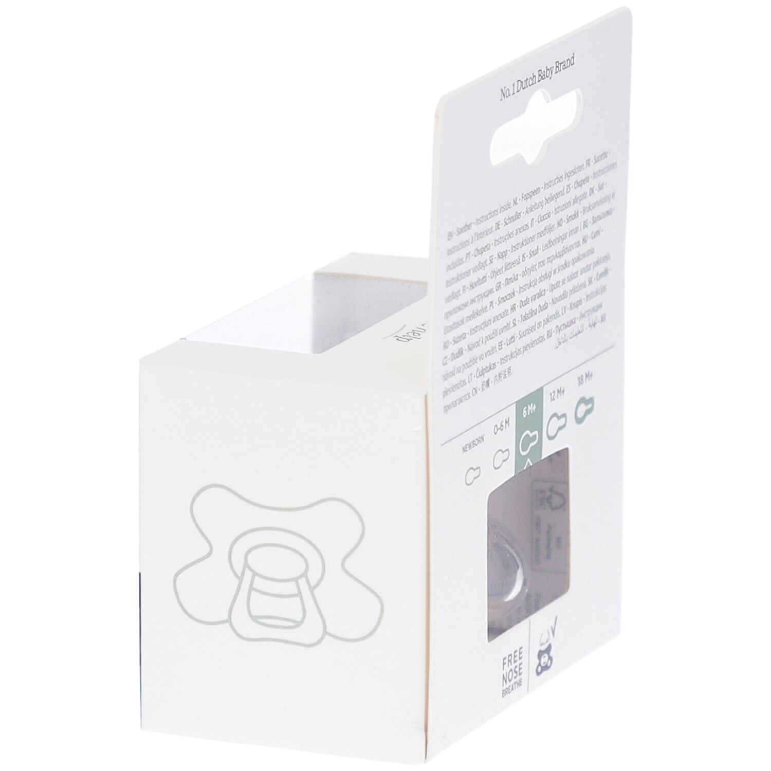 Emballage avec sucette. Inscriptions: No. 1 Dutch Baby Brand. Illustrations.