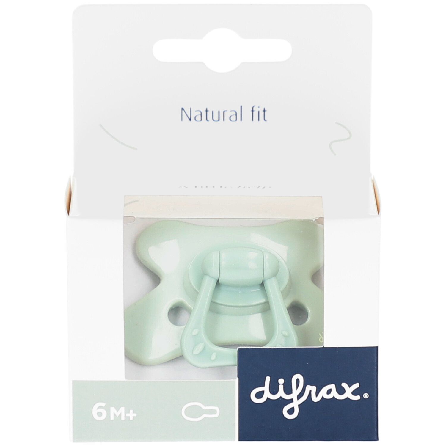 Sucette verte dans emballage. Inscriptions: 6M+, difrax, Natural fit.