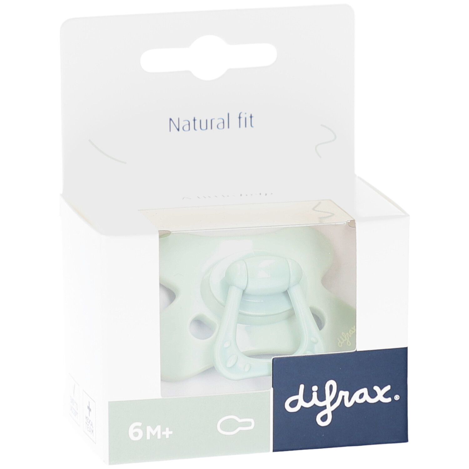 Sucette verte dans emballage. Inscriptions: 6M+, difrax, Natural fit.