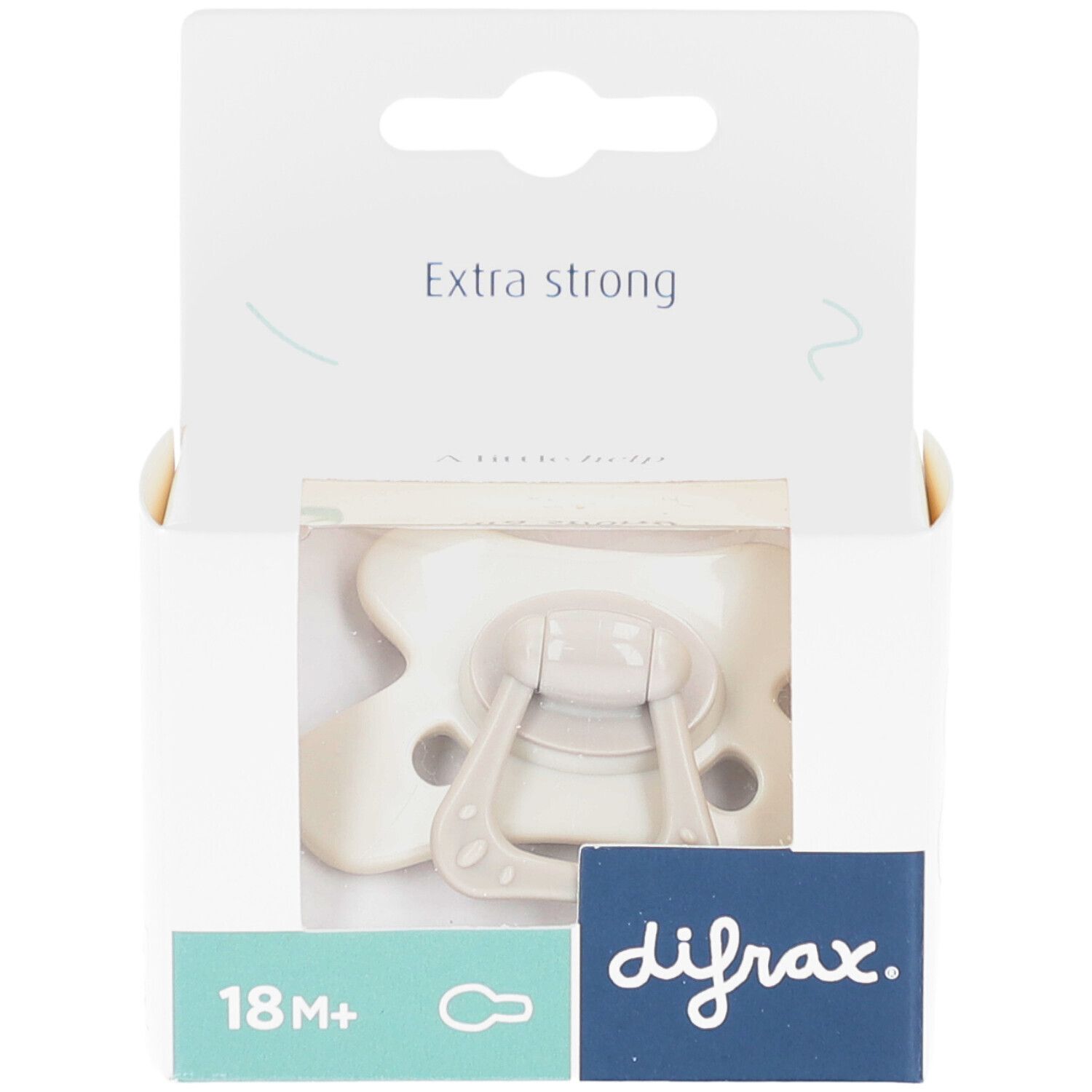Sucette beige dans un emballage blanc. Le logo difrax et l'âge 18M+ sont visibles.