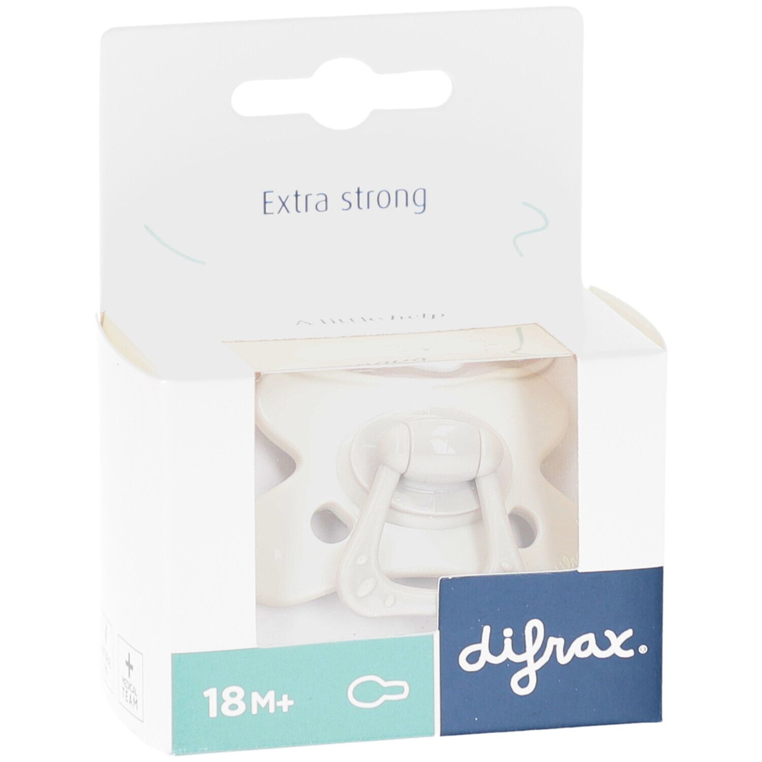 Sucette beige dans un emballage blanc. Le logo difrax et l'âge 18M+ sont visibles.