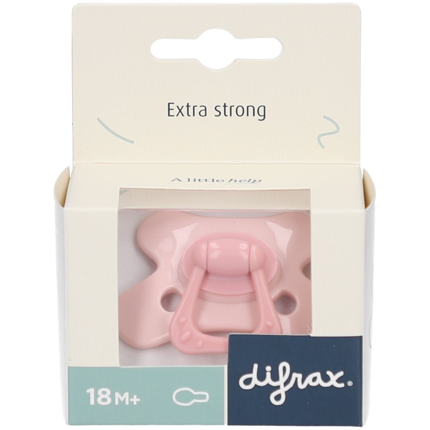 Sucette rose dans emballage. Marque Difrax. Inscription: Extra Strong, 18 M+.