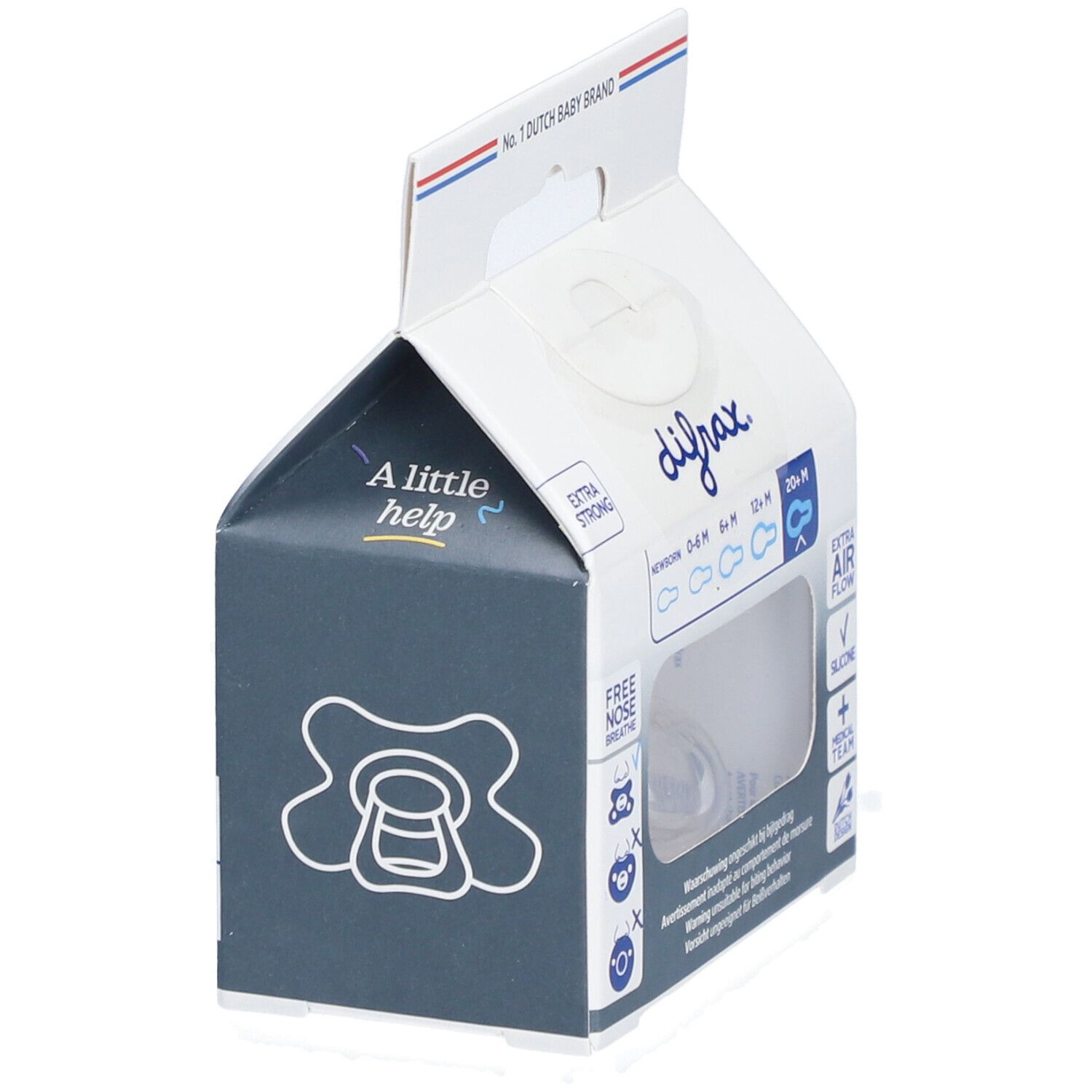 Emballage avec sucette. Marque Difrax. Inscription: Extra Strong, 20+ M, Extra Air Flow, Silicone.