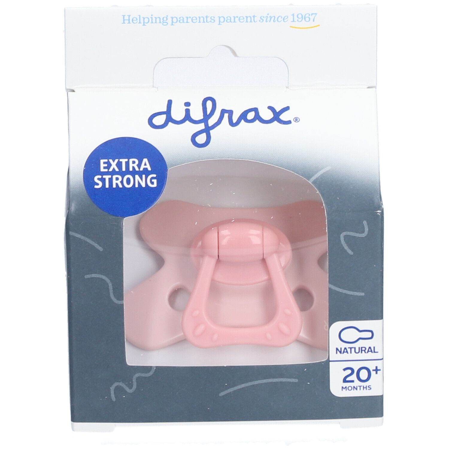Sucette rose dans emballage. Marque Difrax. Inscription: Extra Strong, Natural, 20+ mois.