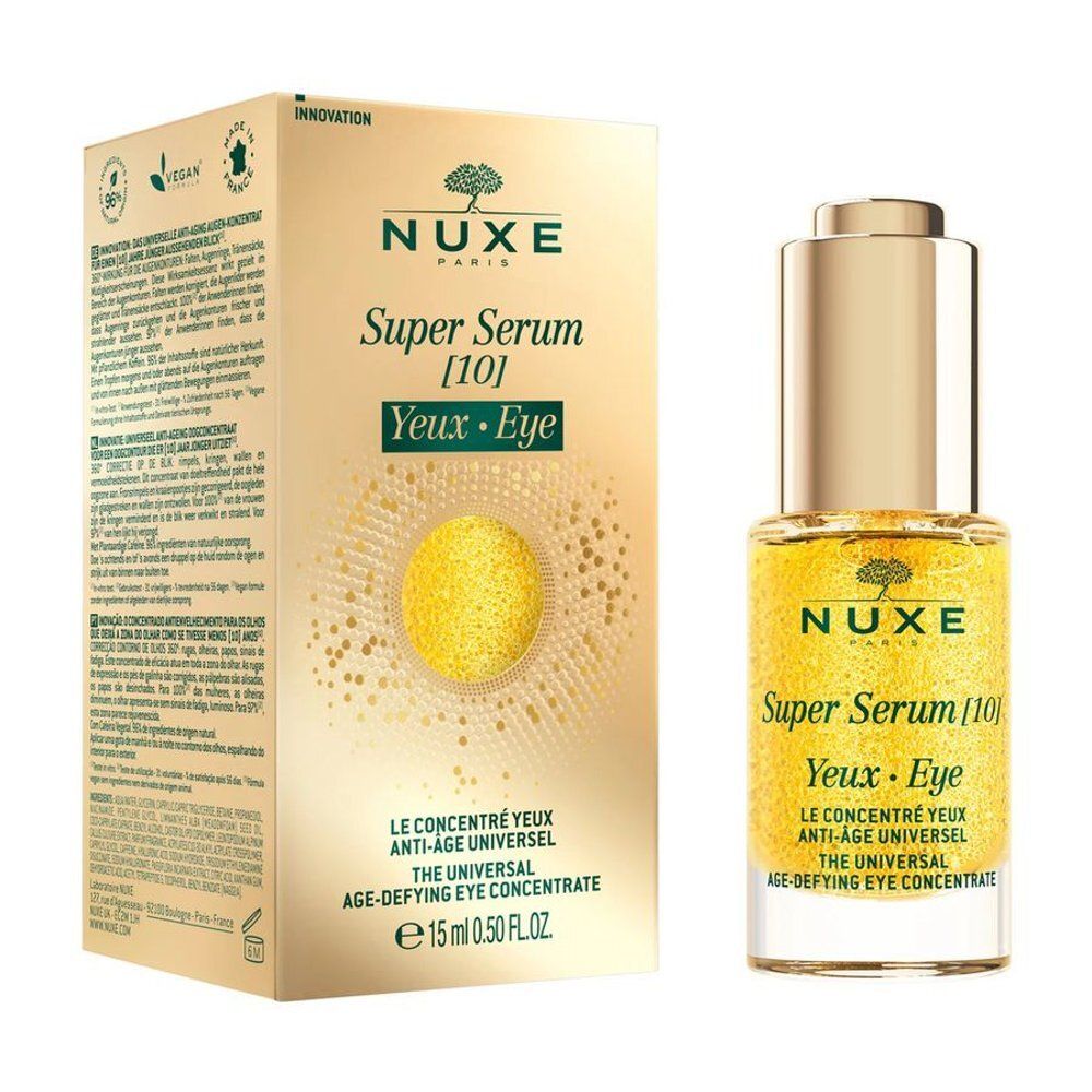 Emballage Nuxe Super Serum pour les yeux, côté avec informations produit en plusieurs langues.