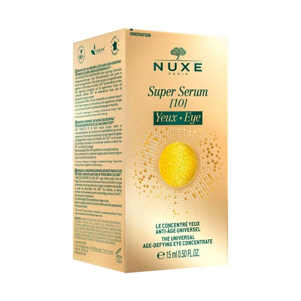 Emballage Nuxe Super Serum pour les yeux, face avant avec textes en français et espagnol.